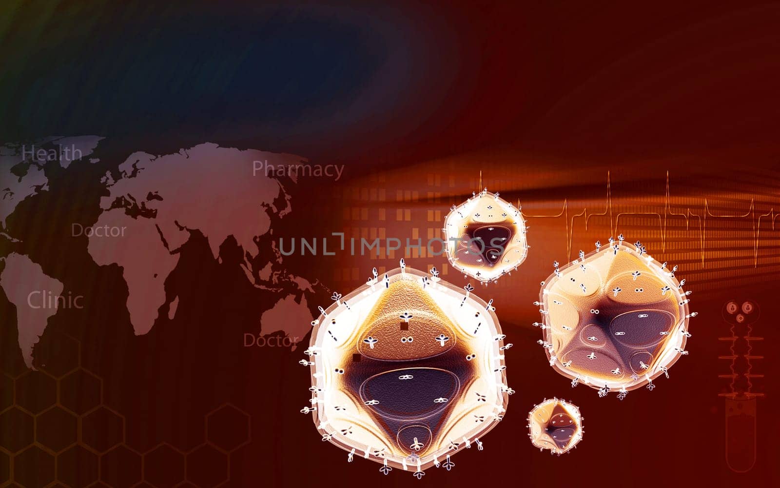 Digital illustration of HIV in colour background