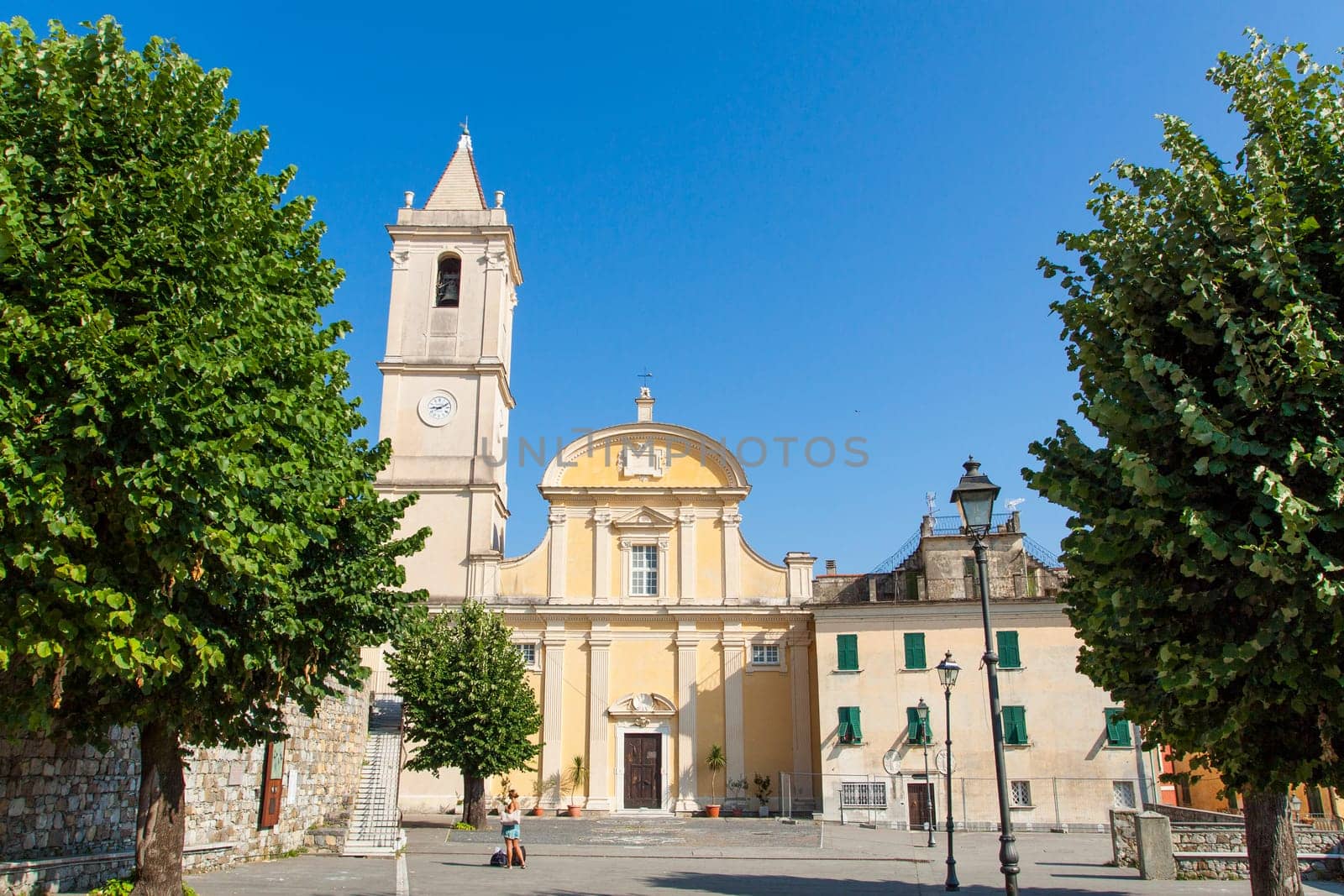 Vezzano Ligure, IT - July 12. Bottom view of San Sebastiano & Santa Maria Assunta Church