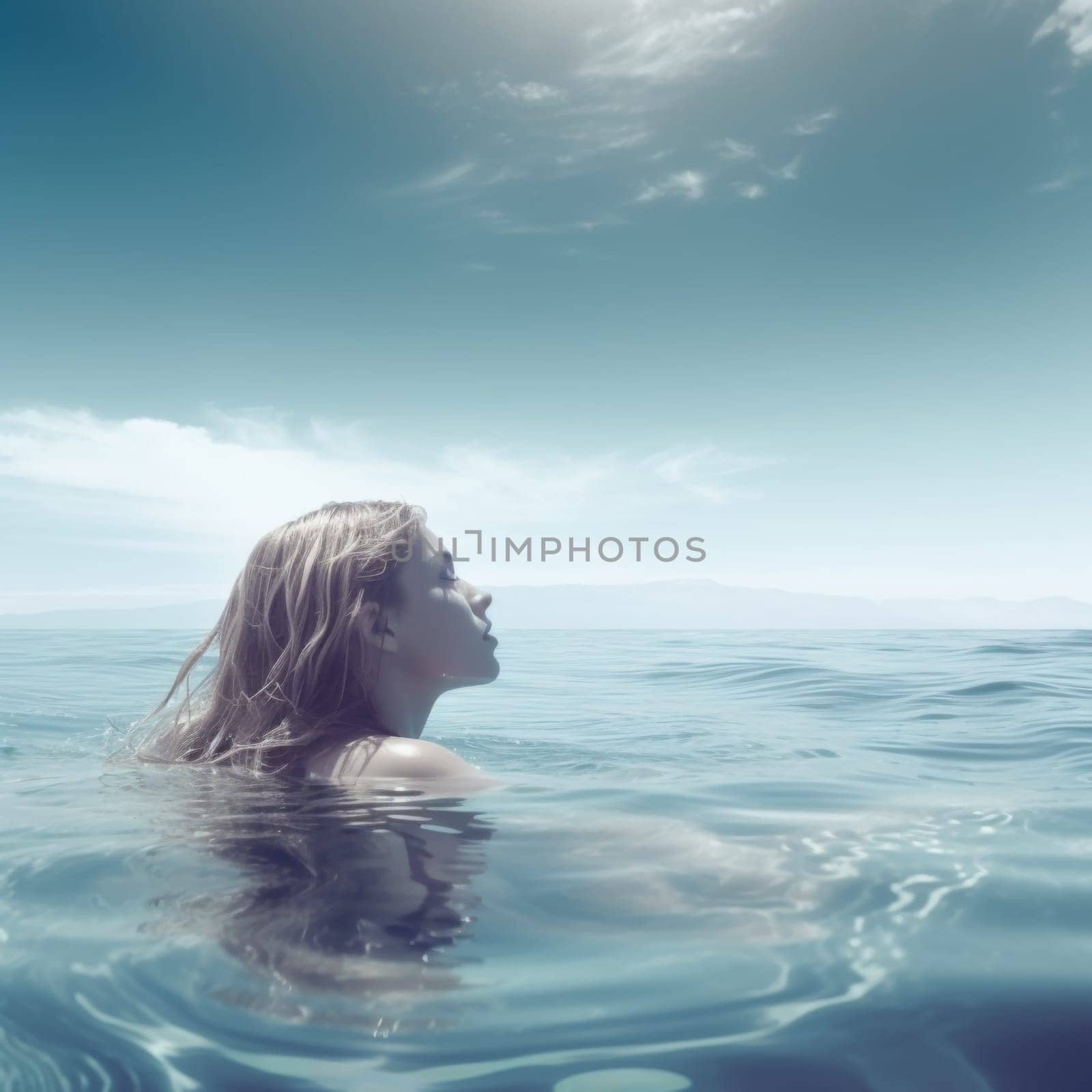 Rear view of woman in swimming pool while relaxing at resort. High quality photo