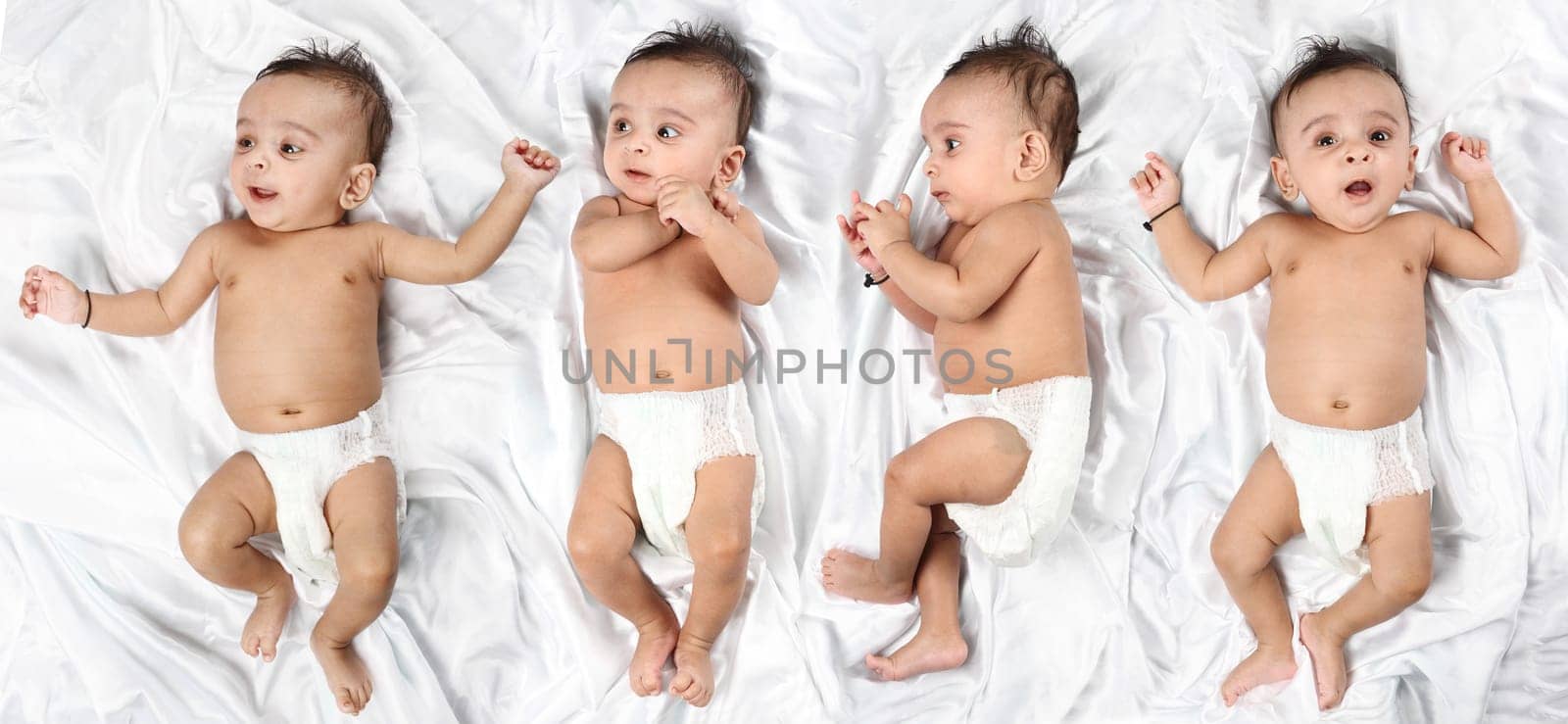 Baby in 4 different expressions on white satin background