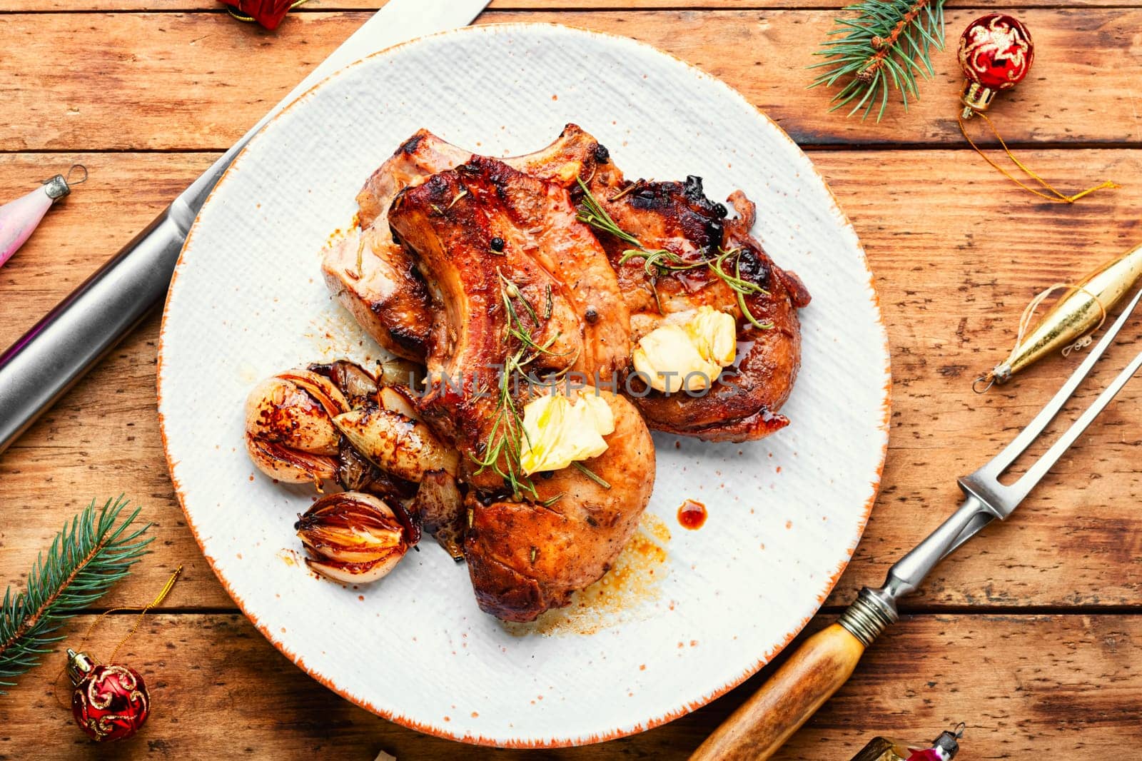 Roasted fresh meat steak in the Christmas dinner.