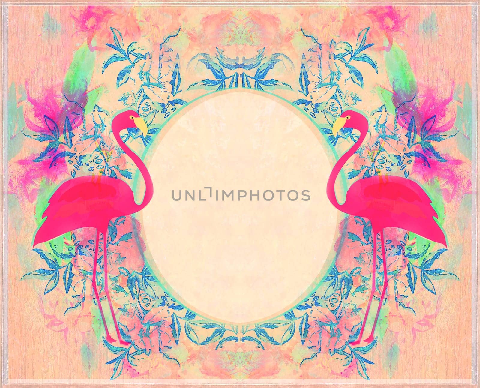 Abstract decorative pink card with flamingos - floral frame