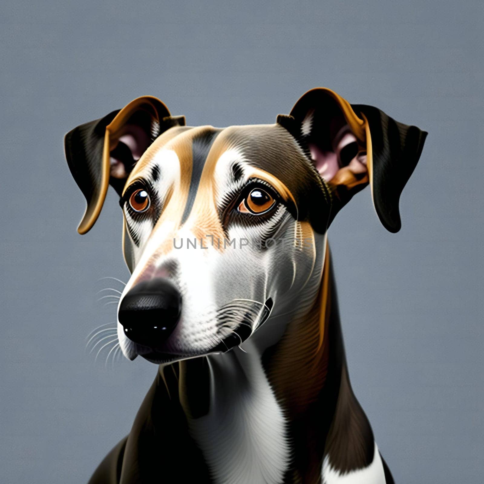 dog portrait on a gray background, digital drawing, 3d illustration