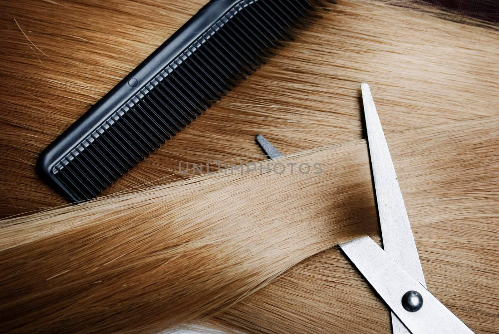 Long healthy blond hair and professional scissors
