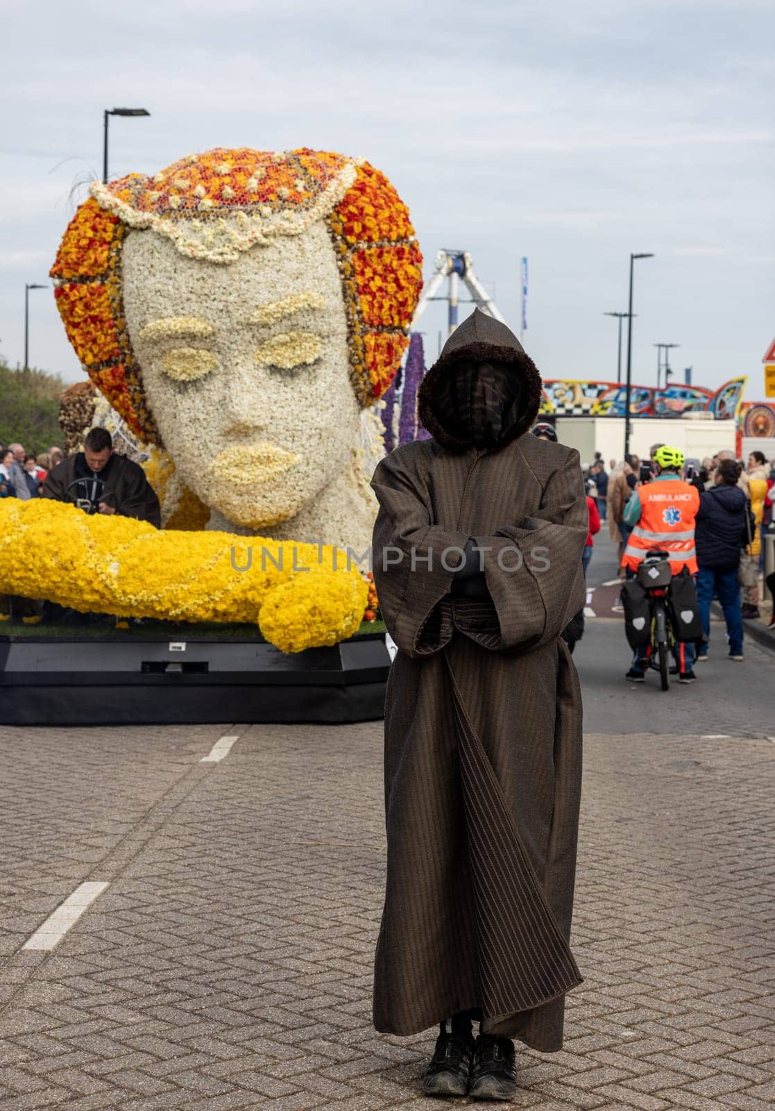 Noordwijk, Netherlands - April 22, 2023: Spectacular flower covered floats in the Bloemencorso Bollenstreek the annual spring flower parade from Noordwijk to Haarlem in the Netherlands.