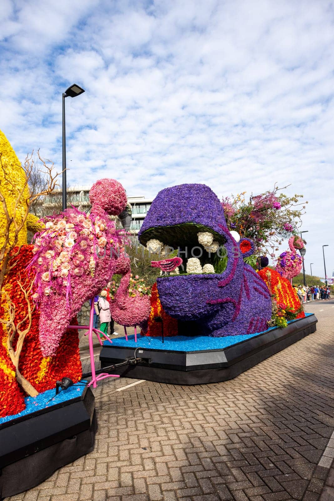Noordwijk, Netherlands - April 22, 2023: Spectacular flower covered floats in the Bloemencorso Bollenstreek the annual spring flower parade from Noordwijk to Haarlem in the Netherlands.
