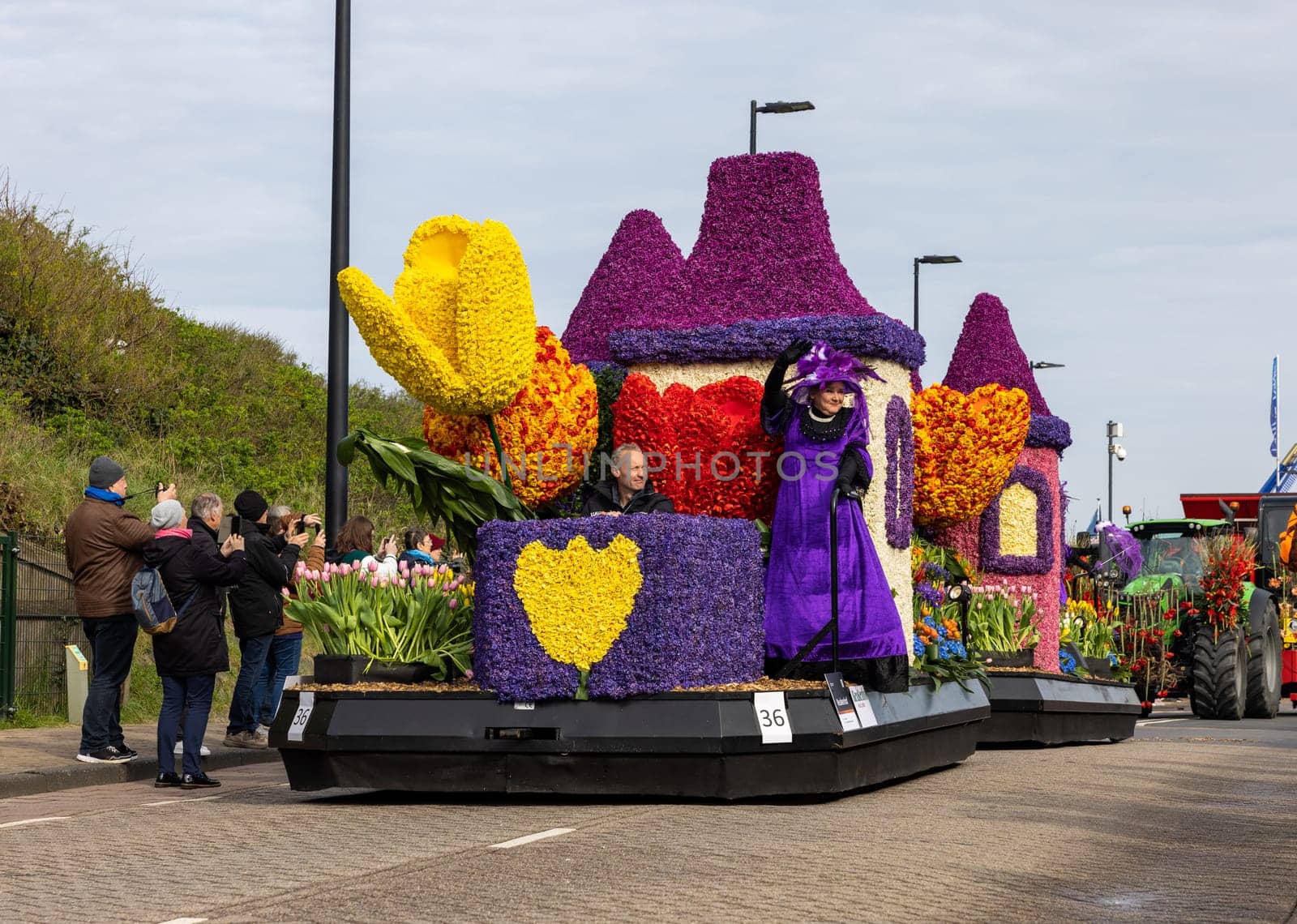 Noordwijk, Netherlands - April 22, 2023: Spectacular flower covered floats in the Bloemencorso Bollenstreek the annual spring flower parade from Noordwijk to Haarlem in the Netherlands.