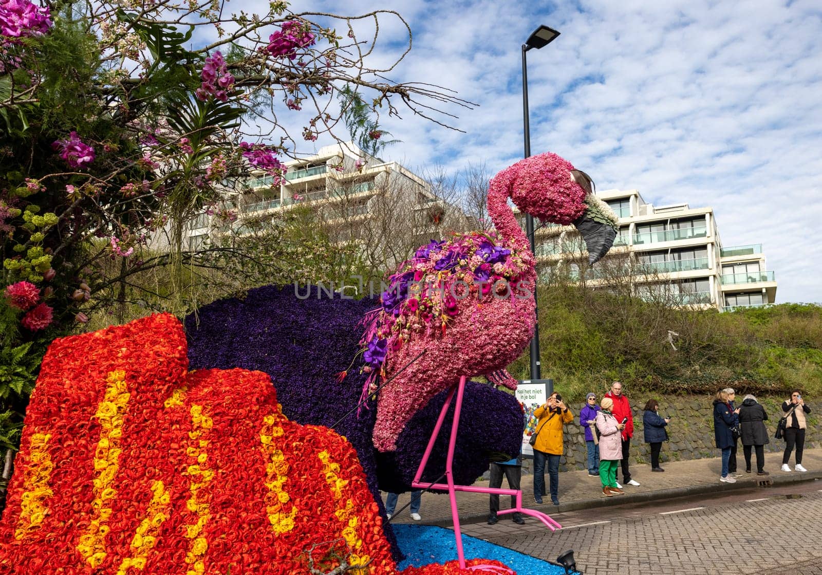 Noordwijk, Netherlands - April 22, 2023: Spectacular flower covered floats in the Bloemencorso Bollenstreek the annual spring flower parade from Noordwijk to Haarlem in the Netherlands.