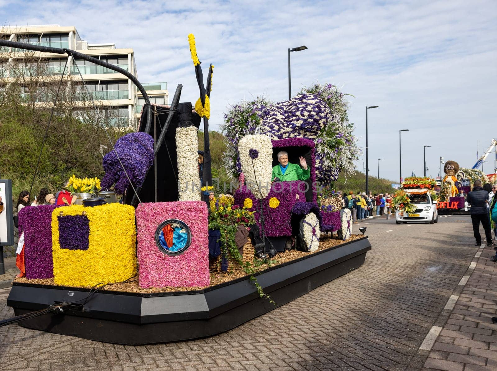 Noordwijk, Netherlands - April 22, 2023: Spectacular flower covered floats in the Bloemencorso Bollenstreek the annual spring flower parade from Noordwijk to Haarlem in the Netherlands.
