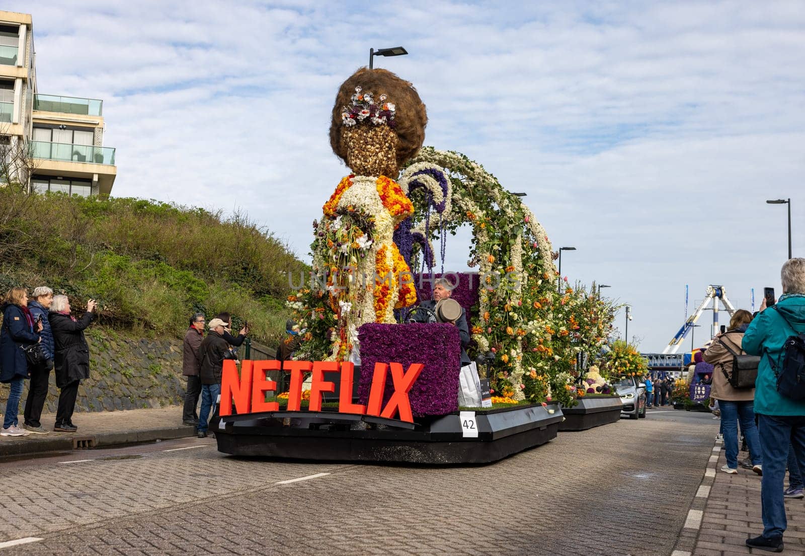 Noordwijk, Netherlands - April 22, 2023: Spectacular flower covered floats in the Bloemencorso Bollenstreek the annual spring flower parade from Noordwijk to Haarlem in the Netherlands.