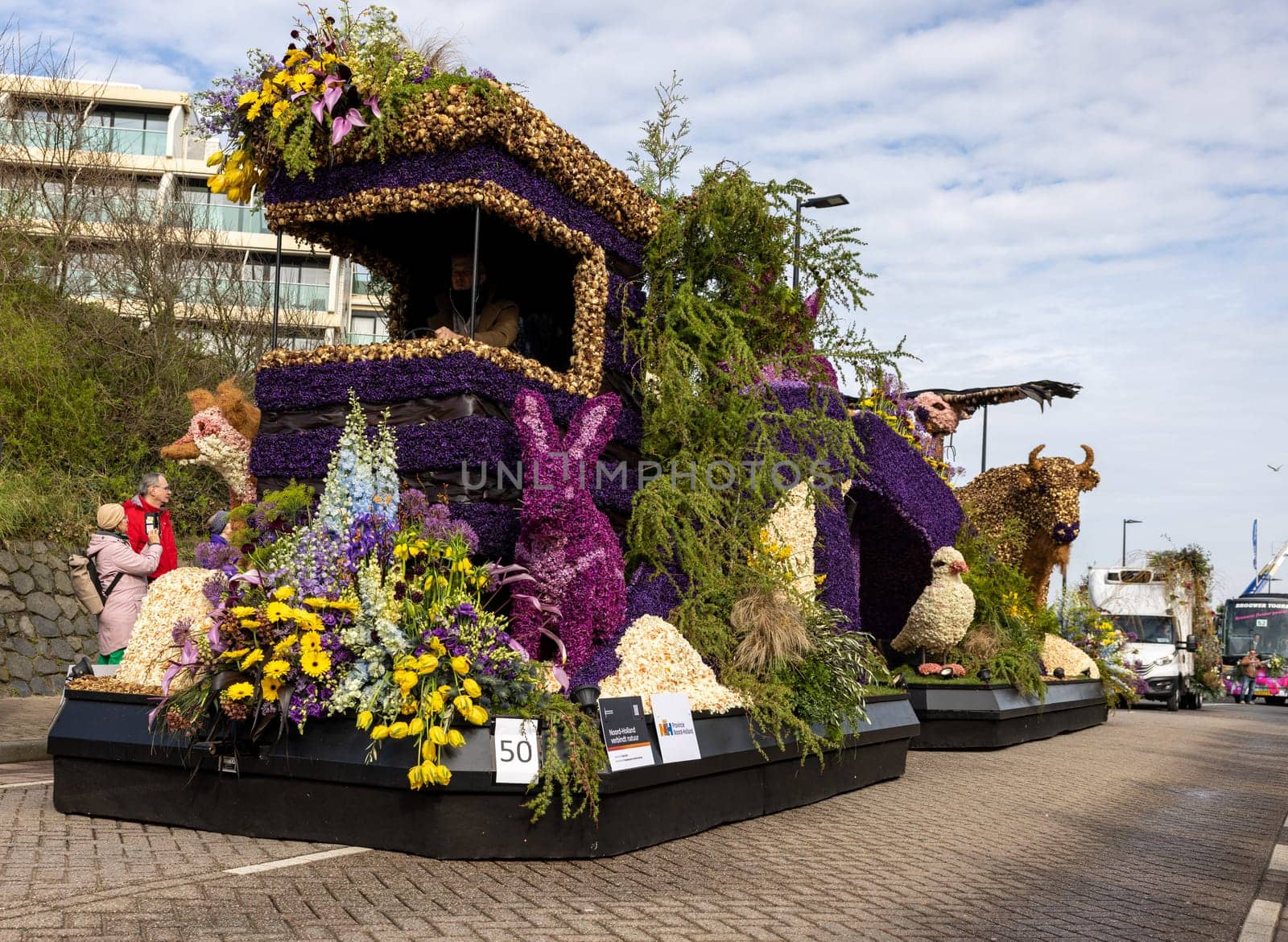 Noordwijk, Netherlands - April 22, 2023: Spectacular flower covered floats in the Bloemencorso Bollenstreek the annual spring flower parade from Noordwijk to Haarlem in the Netherlands.