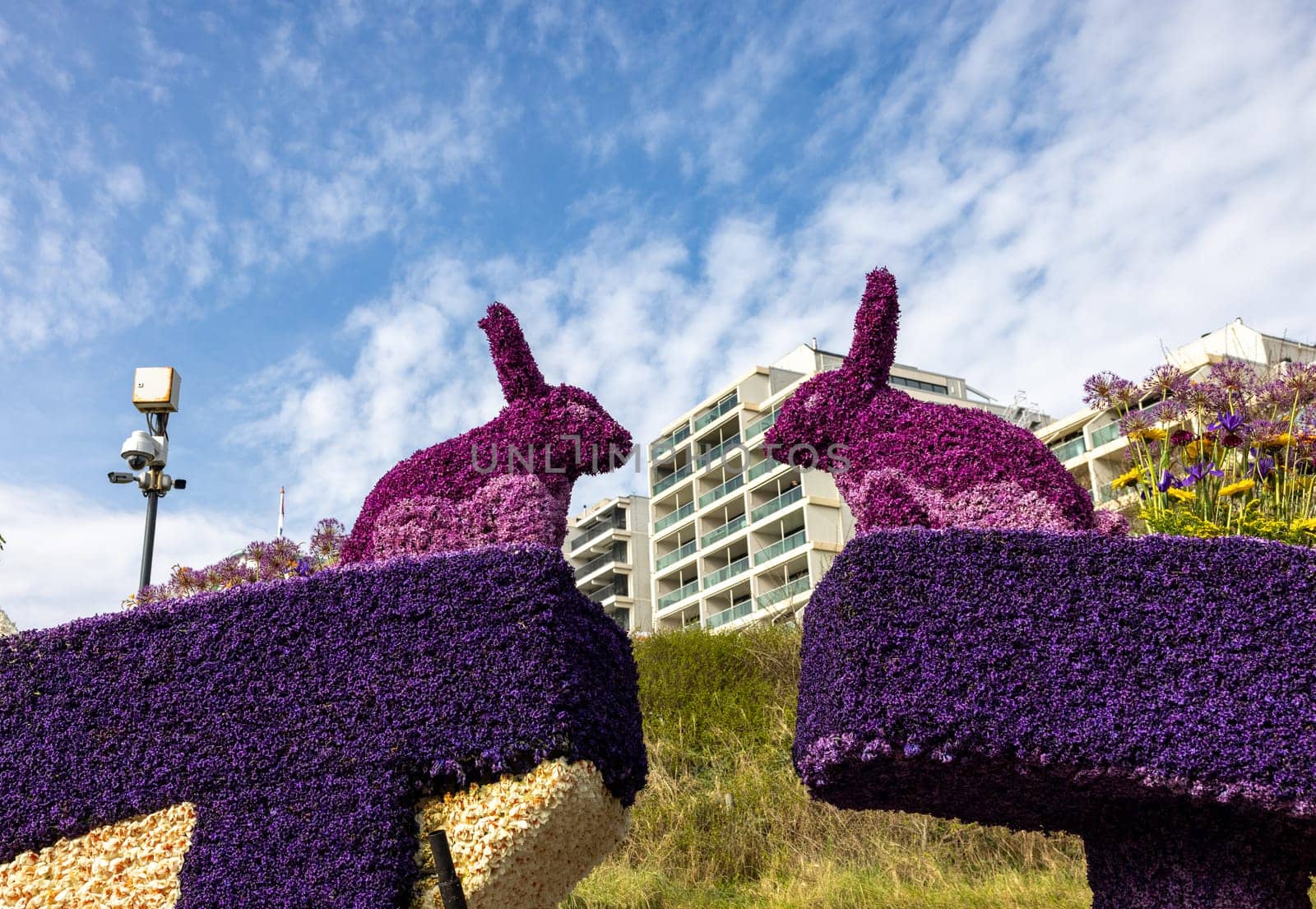 Noordwijk, Netherlands - April 22, 2023: Spectacular flower covered floats in the Bloemencorso Bollenstreek the annual spring flower parade from Noordwijk to Haarlem in the Netherlands.