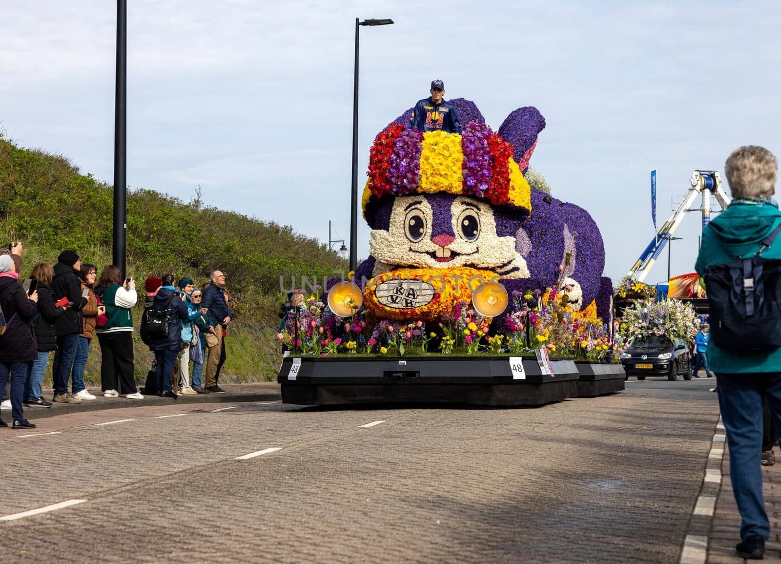Noordwijk, Netherlands - April 22, 2023: Spectacular flower covered floats in the Bloemencorso Bollenstreek the annual spring flower parade from Noordwijk to Haarlem in the Netherlands.