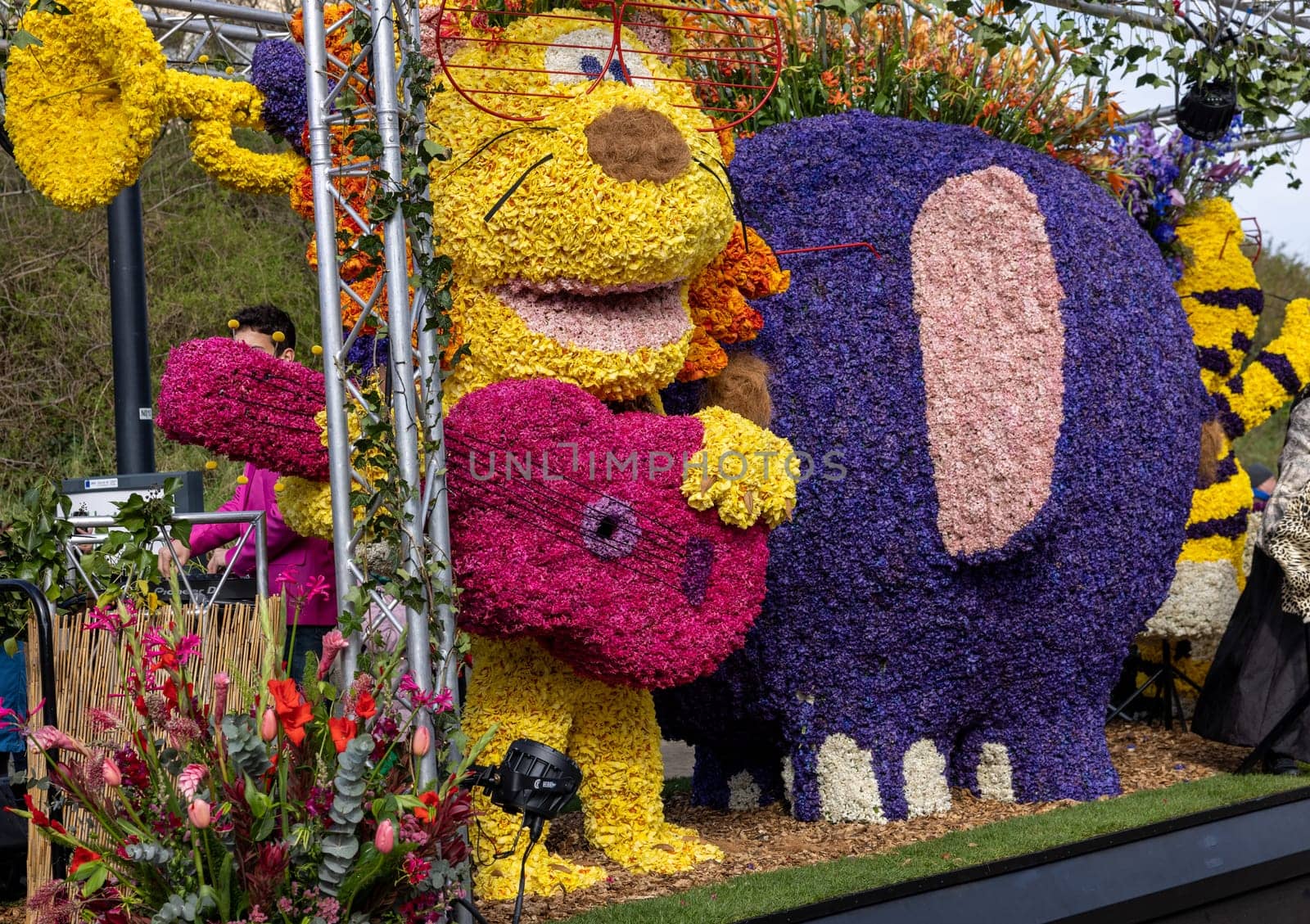 Noordwijk, Netherlands - April 22, 2023: Spectacular flower covered floats in the Bloemencorso Bollenstreek the annual spring flower parade from Noordwijk to Haarlem in the Netherlands.