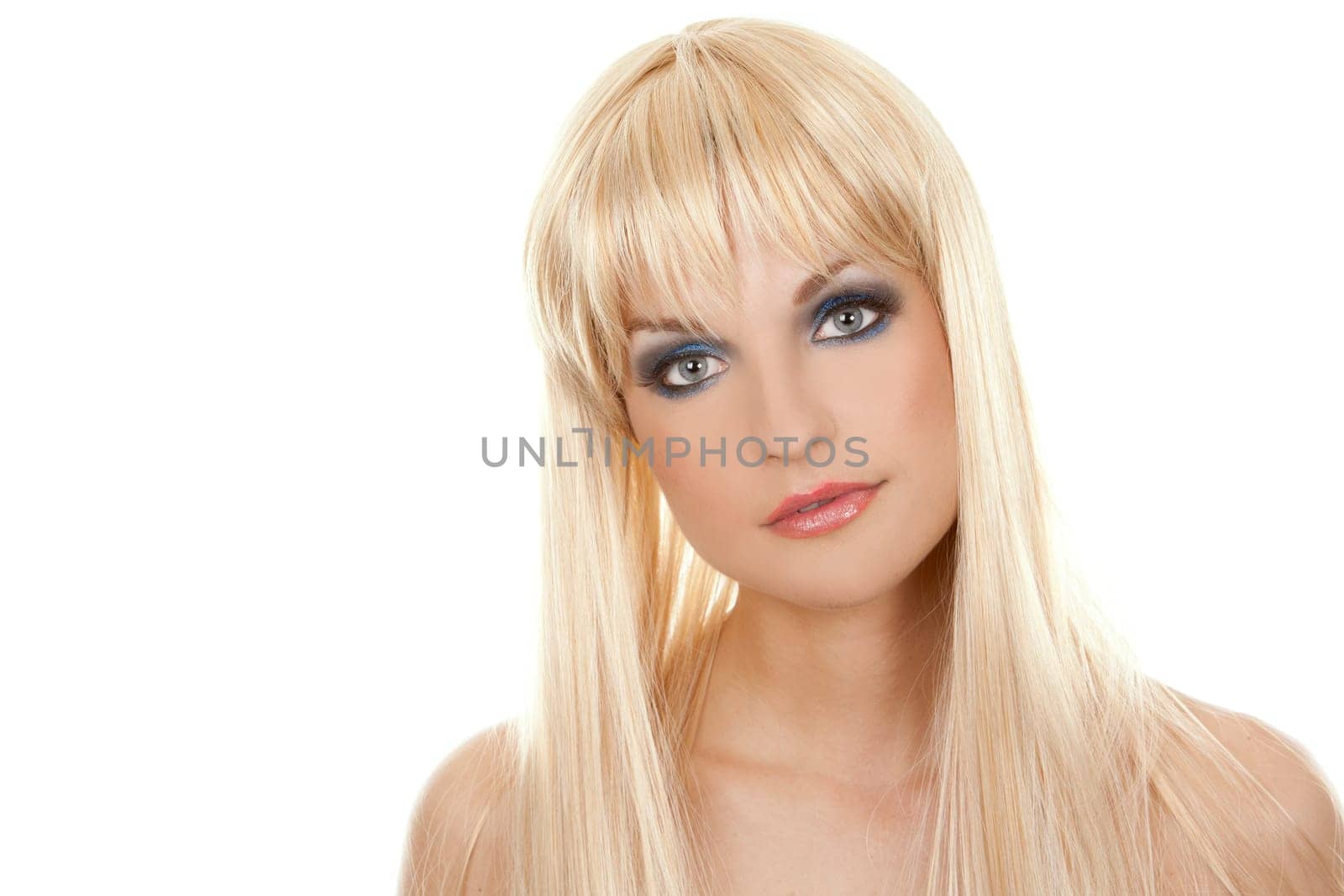 pretty blond woman with colorful makeup on white background