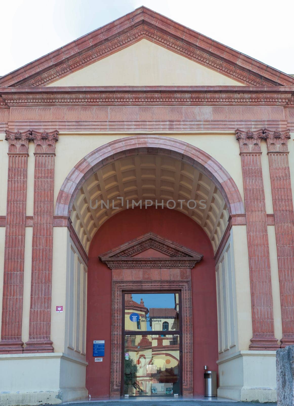 Barcelona, Spain - Dec 27th, 2019: Main facade of Catalan Museum of Archaeology, Barcelona, Spain