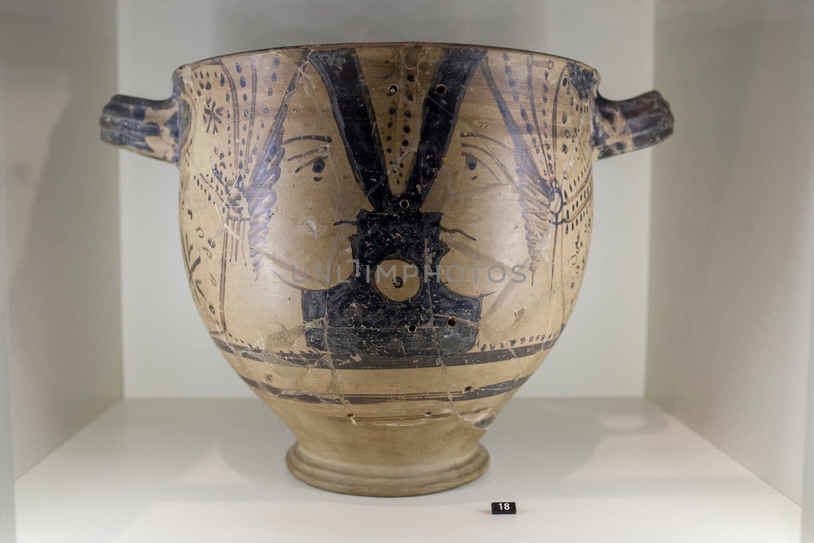 Barcelona, Spain - Dec 27th, 2019: Large red-figure vase of Etruscan culture. Catalan Museum of Archaeology, Barcelona, Spain