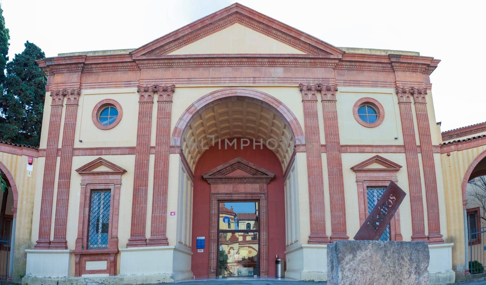 Barcelona, Spain - Dec 27th, 2019: Main facade of Catalan Museum of Archaeology, Barcelona, Spain