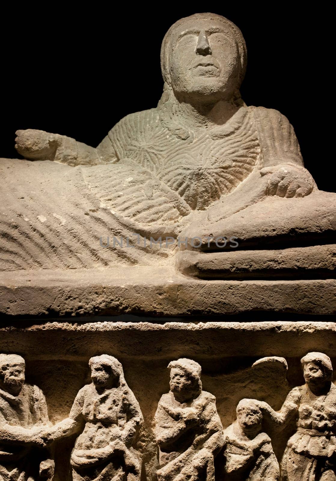 Barcelona, Spain - Dec 27th, 2019: Etruscan cineray urn. Catalan Museum of Archaeology, Barcelona, Spain
