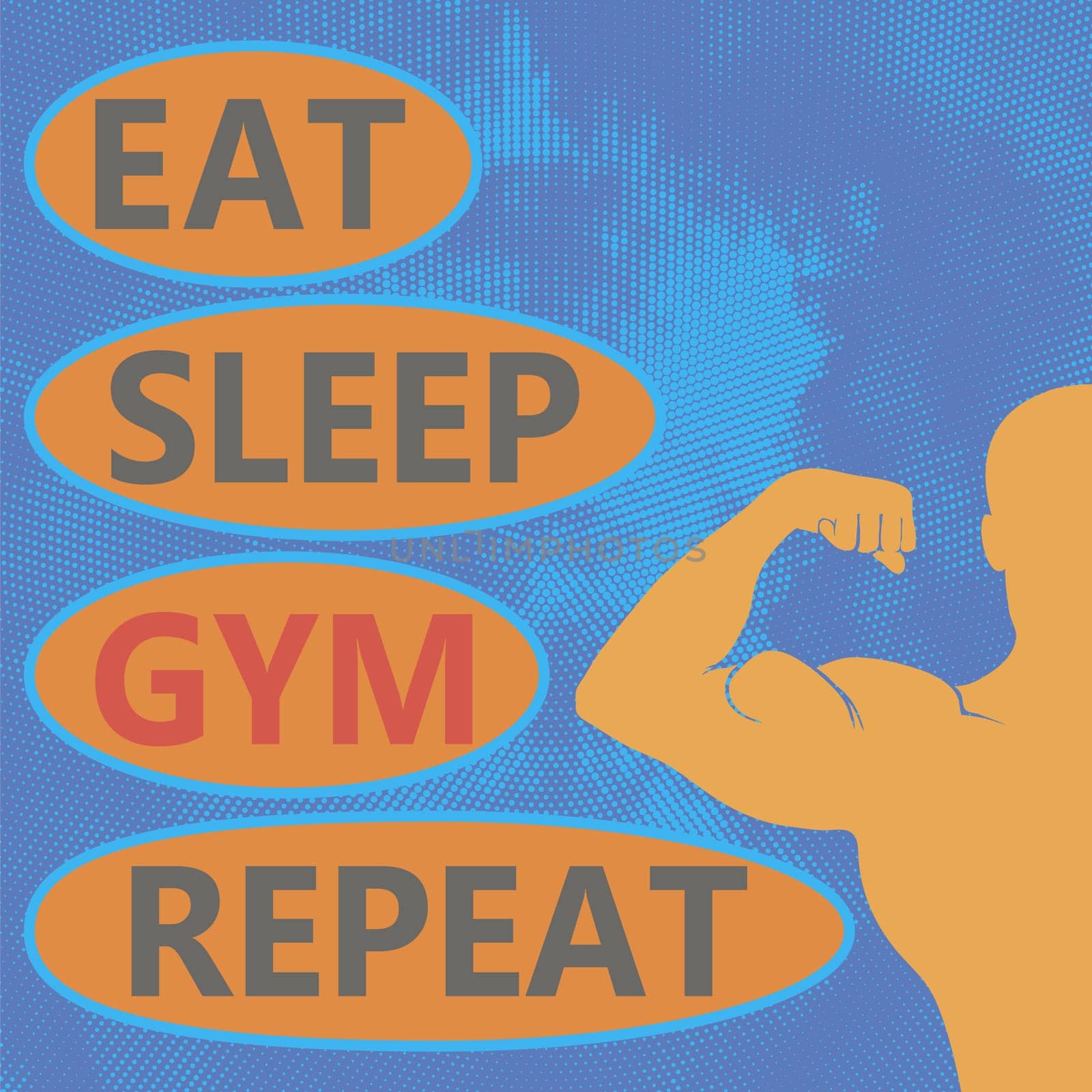 Raster Eat, Sleep, Gym, Repeat. Fitness training funny quote with illustration. Huge bodybuilder training. Front biceps pose.