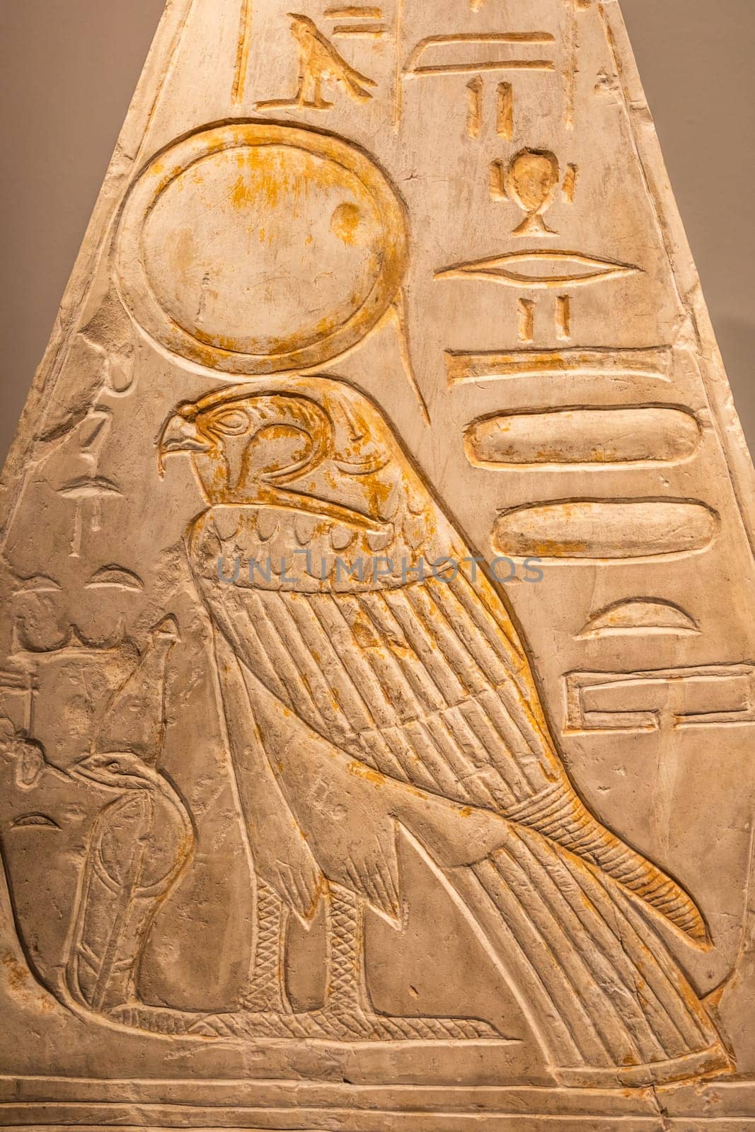 Turin, Italy - March 2023: Egyptian Museum, Pyramidion with Horus falcon - 1279 BC