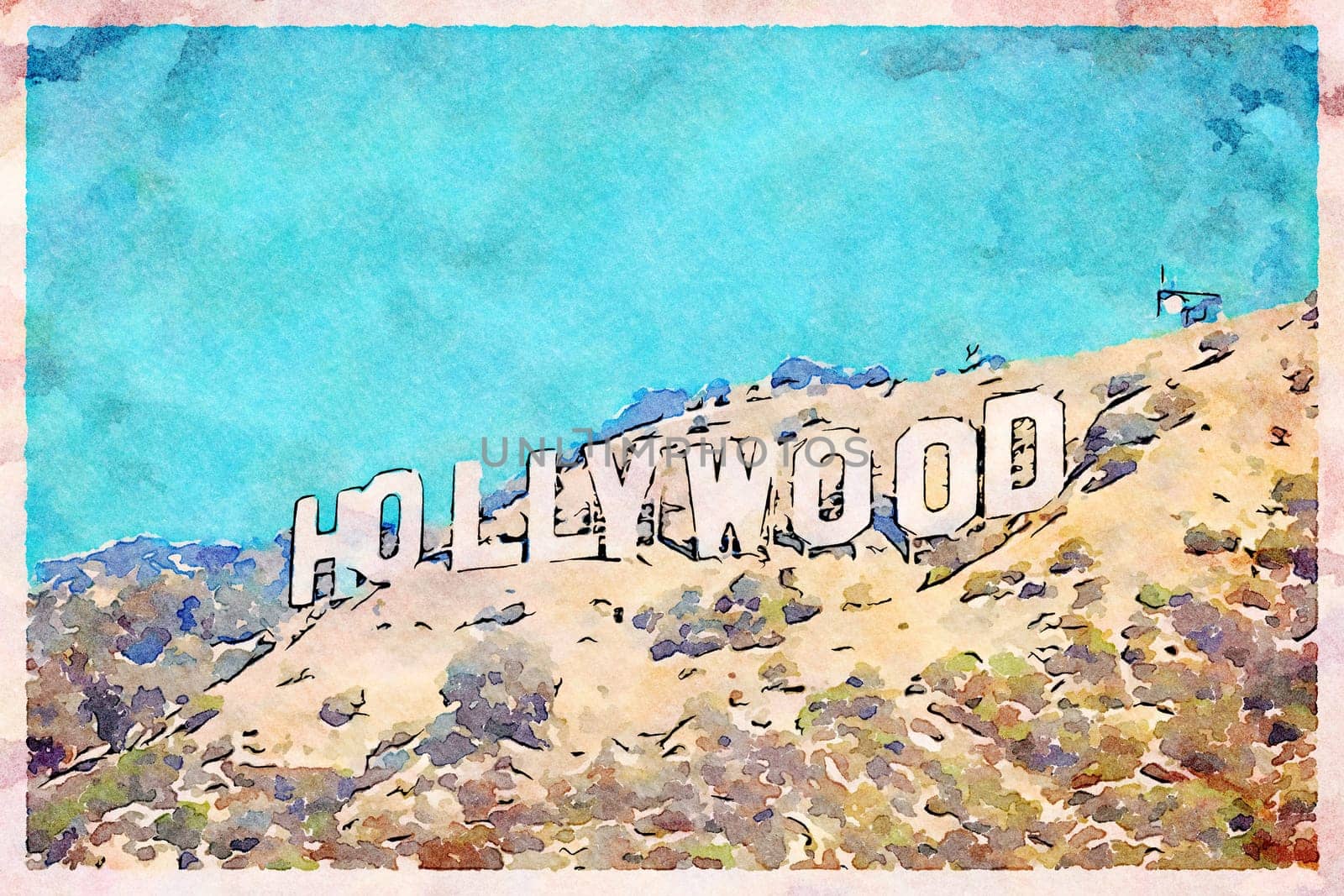 Creative illustration with artistic watercolor design - Hollywood sign in Los Angeles