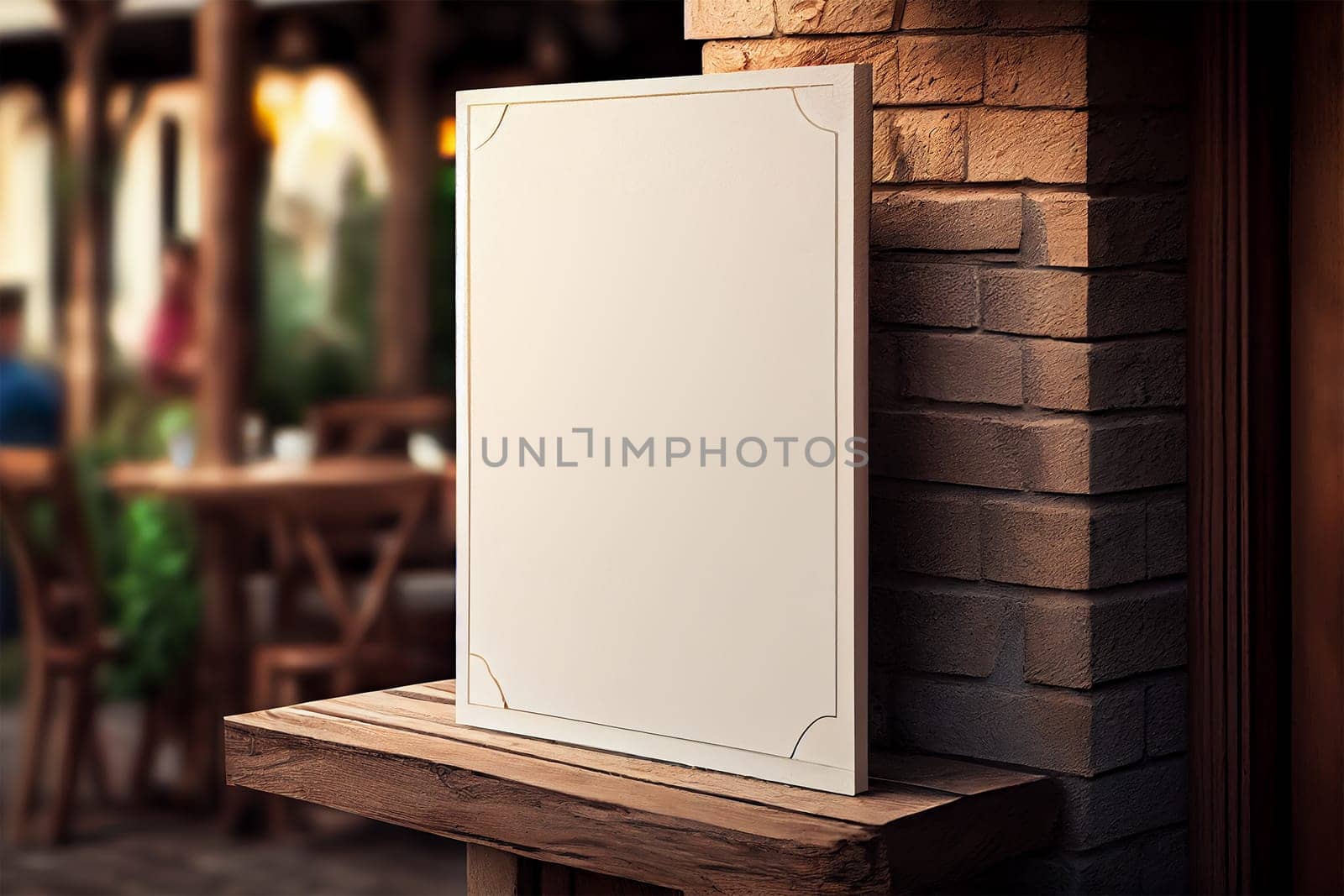 Mockup label, blank menu frame in Bar restaurant. Stand for booklets with white sheets paper on wooden table cafeteria blurred background
