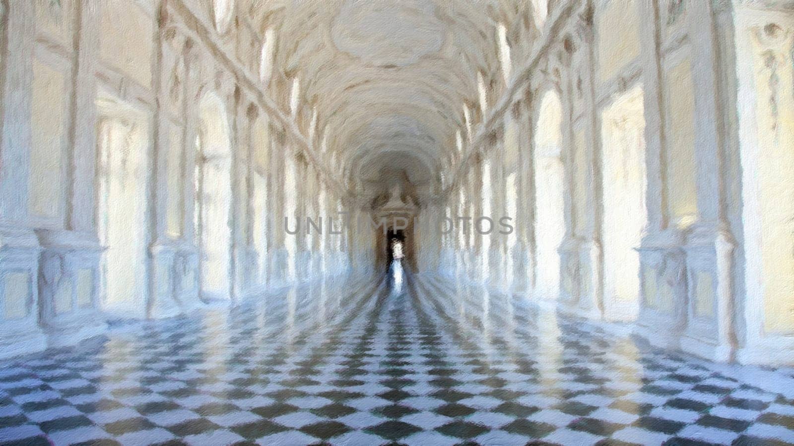Creative illustration of Reggia di Venaria Reale gallery - Italy. Luxury marbles in baroque Royal Palace