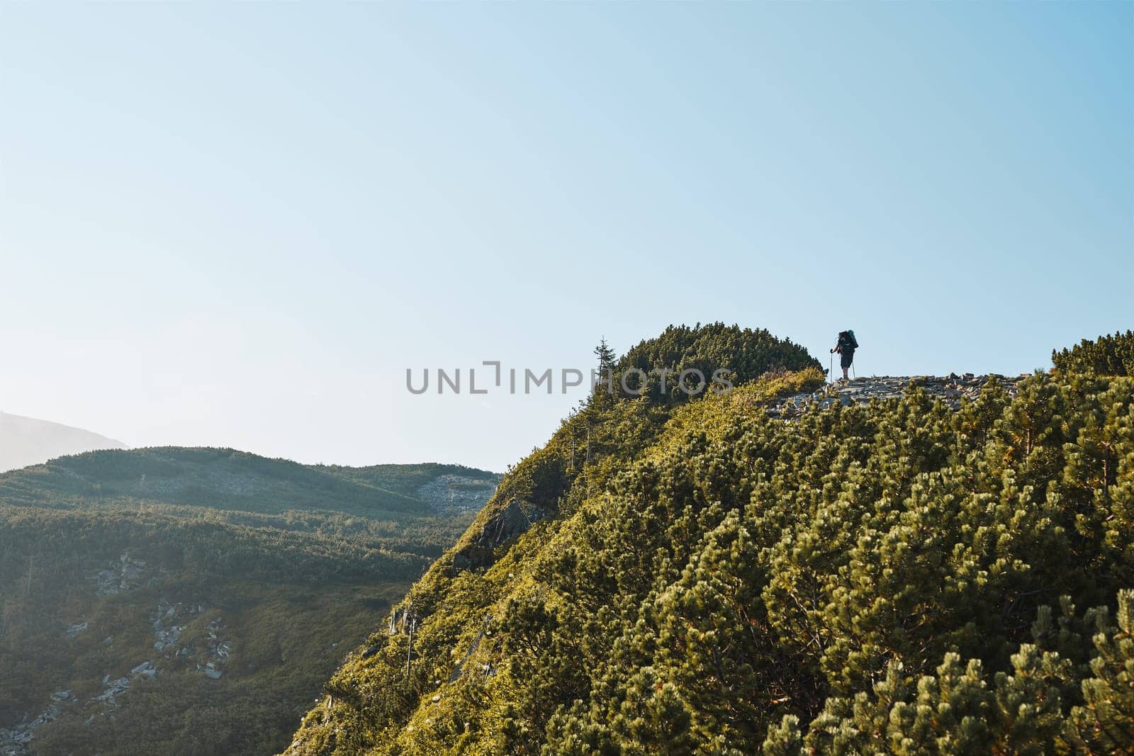 Hiking in mountains. Mountain landscape. Scenic view of mountain peaks, slopes, hills and valleys covered with grass and trees. Panoramic view. Natural scenery. Beautiful background