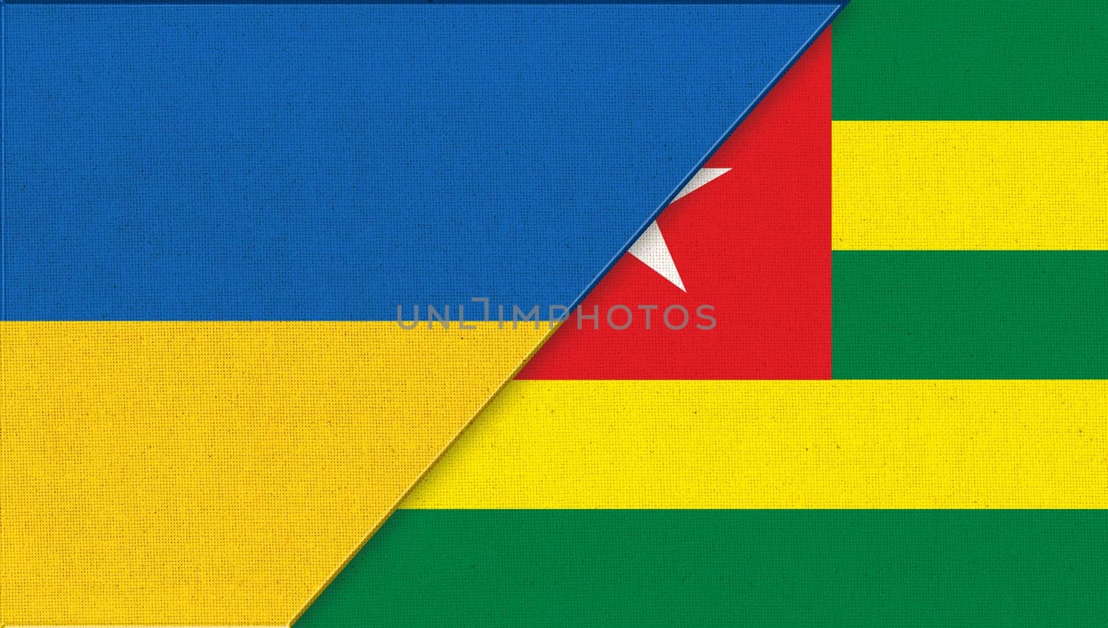 Flag of Ukraine and Togo - 3D illustration. Two Flag Together. National Symbols of Ukraine and Togo. Ukrainian and Togolese relations. Meeting between Ukraine and Togo. Sport competition