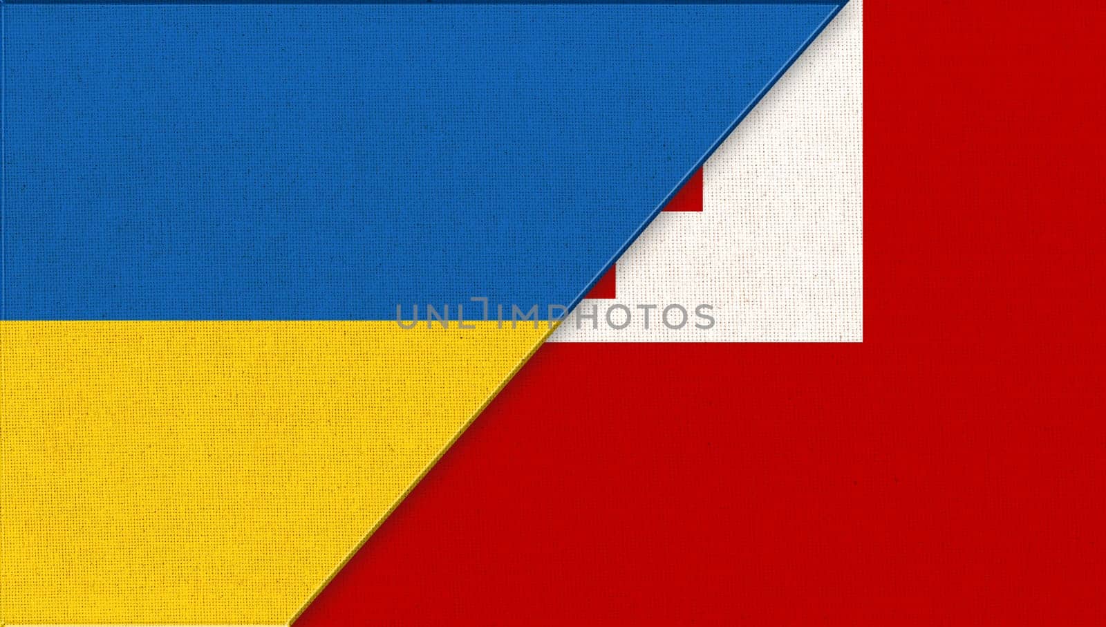 Flag of Ukraine and Tonga. Ukrainian and Tongaflags on fabric texture. Two Flags Together. National Symbols of Ukraine and Tonga. Diplomatic relations. National Symbols of Polynesian country