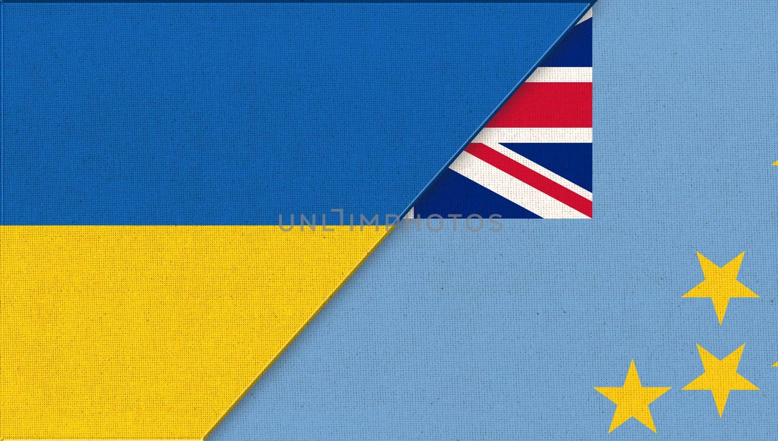 Flag of Ukraine and Tuvalu. Ukrainian and Tuvalu flags on fabric texture. Two Flags Together. National Symbols of Ukraine and Tuvalu. Diplomatic relations. National Symbols of Oceania country
