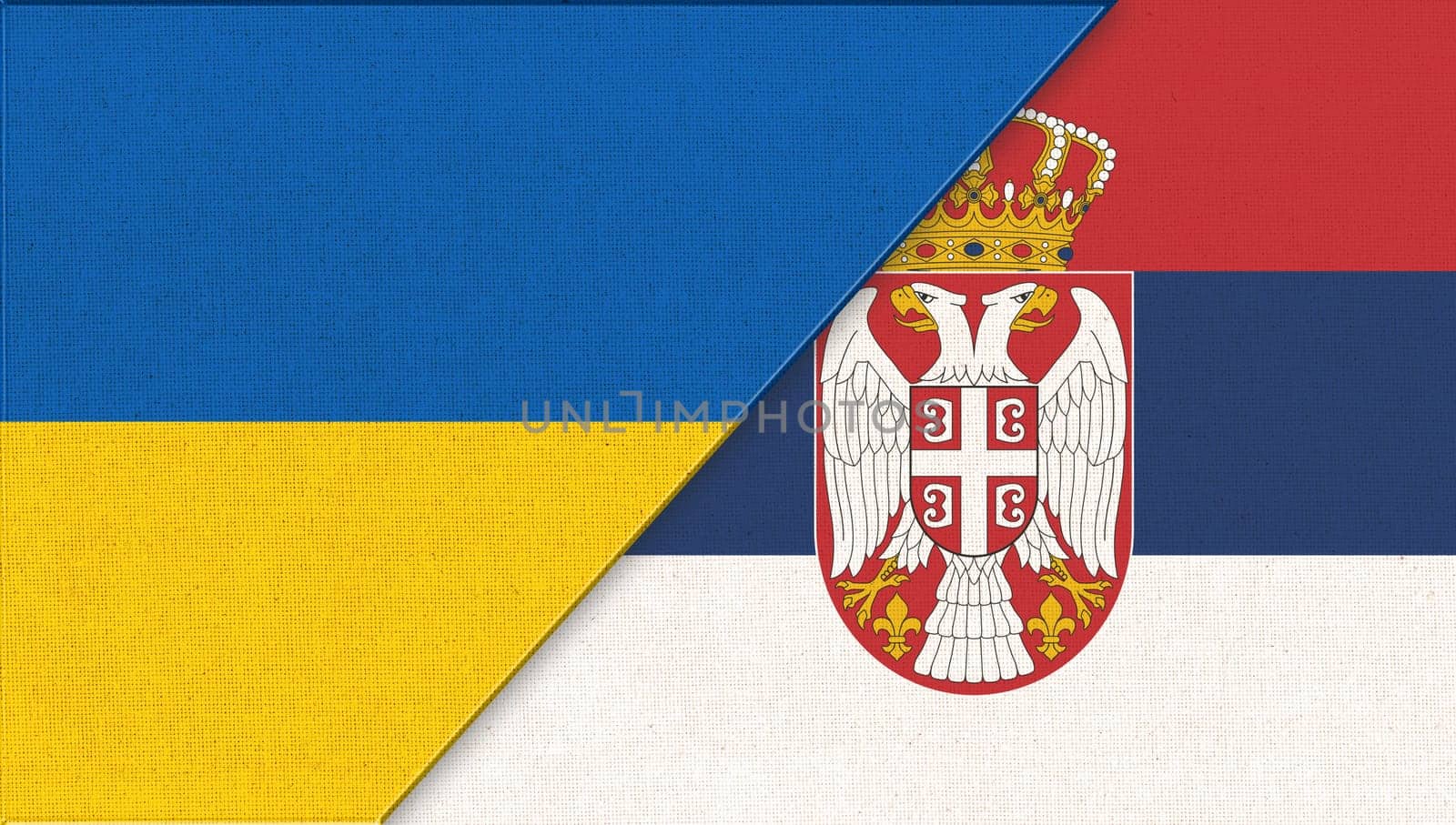Flag of Ukraine and Serbia. Ukrainian and Serbian flags on fabric texture. Two Flag Together. National Symbols of Ukraine and Serbia. European country. Diplomatic relations