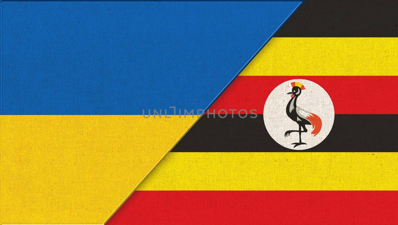 Flag of Ukraine and Uganda - 3D illustration. Two Flag Together. National Symbols of Ukraine and Uganda. Ukrainian and Togolese relations. Meeting between Ukraine and Uganda. Sport competition