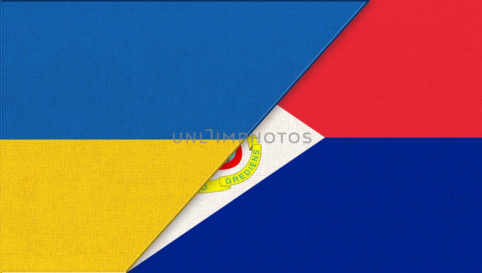 Flag of Ukraine and Saint Martin. Two Flag Together. National Symbols of Ukraine and Saint Martin. Island country. Diplomatic relations. Sint Maarten and Ukraine