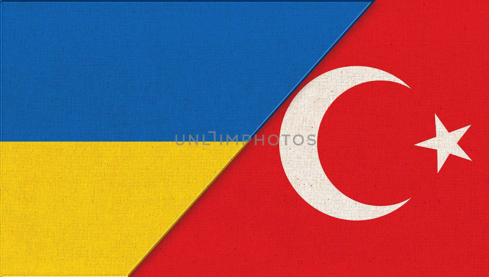 Flag of Ukraine and Turkey. Ukrainian and Turkish flags on fabric texture. Two Flags Together. National Symbols of Ukraine and Turkey. Relationships of two countries. Friendship of Ukraine and Turkey