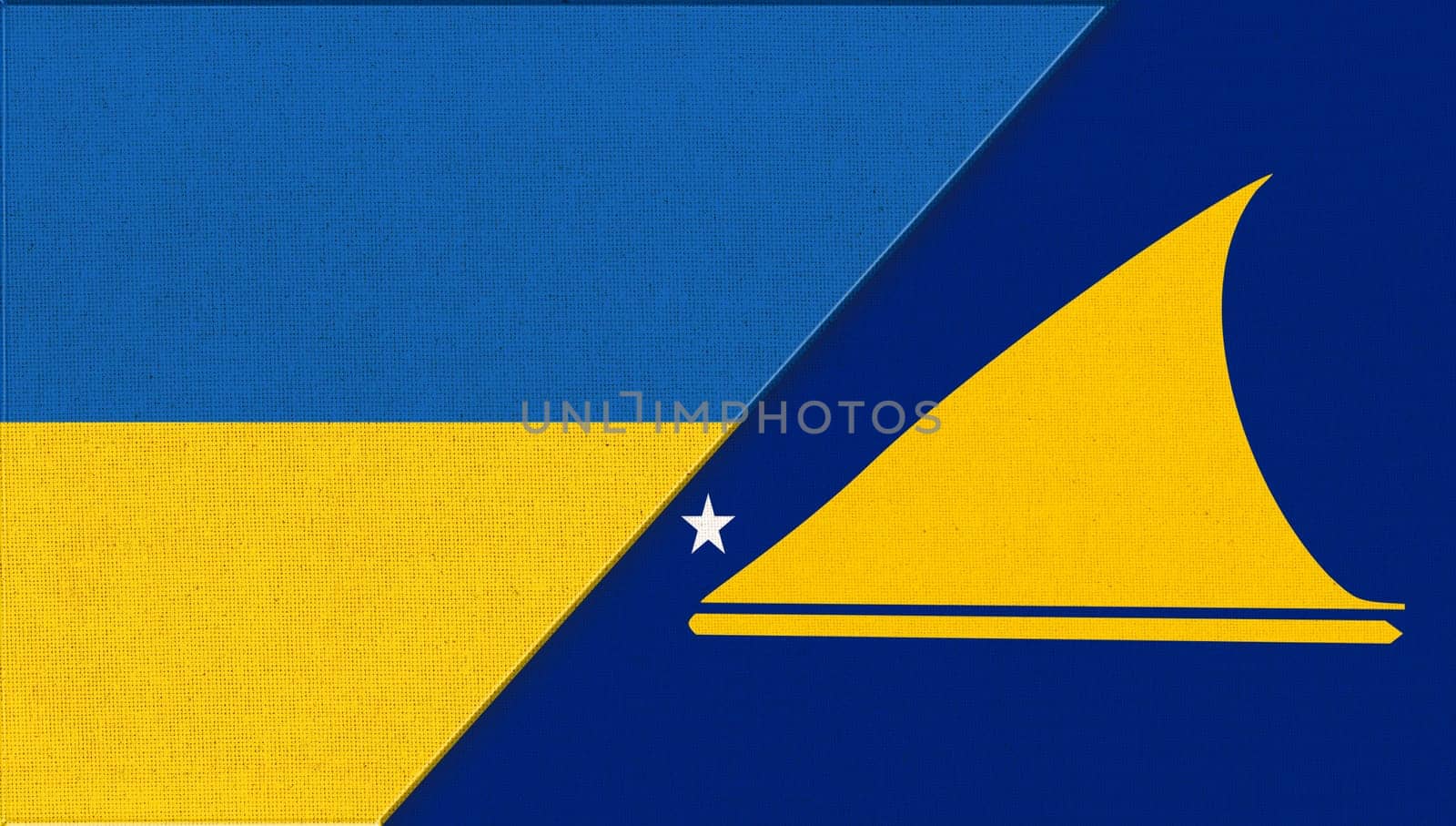 Flag of Ukraine and Tokelau. Ukrainian and Tokelau flags on fabric texture. Two Flags Together. National Symbols of Ukraine and Tokelau. Diplomatic relations. National Symbols of Polynesian country