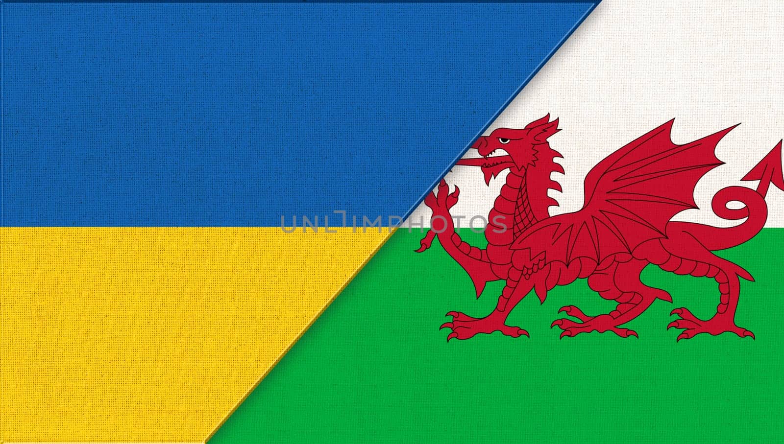 Flag of Ukraine and Wales. Ukrainian and Welsh flags on fabric texture. Two Flags Together. National Symbols of Ukraine and Wales. Relationships of two countries. Friendship of Ukraine and Wales