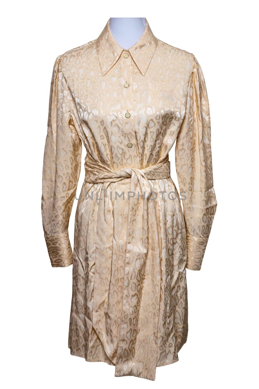 Party dress isolated. Closeup of a beautiful silver gold woman girl dress on mannequin isolated on white. Clipping path. Festive elegant evening dress.
