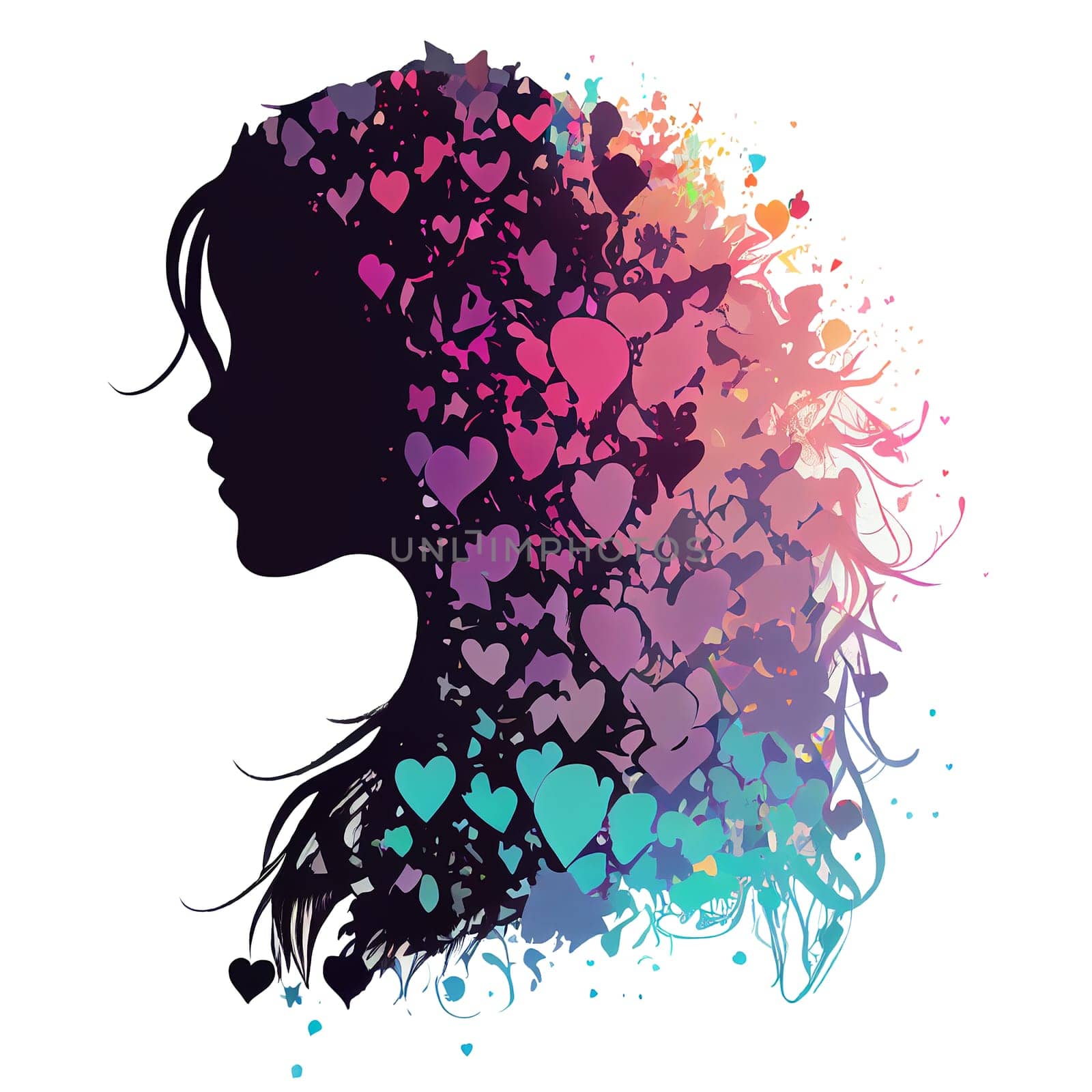 Woman with colorful hearts in her long hair, love and emotion concept, good hearted, positive thinking, generative AI