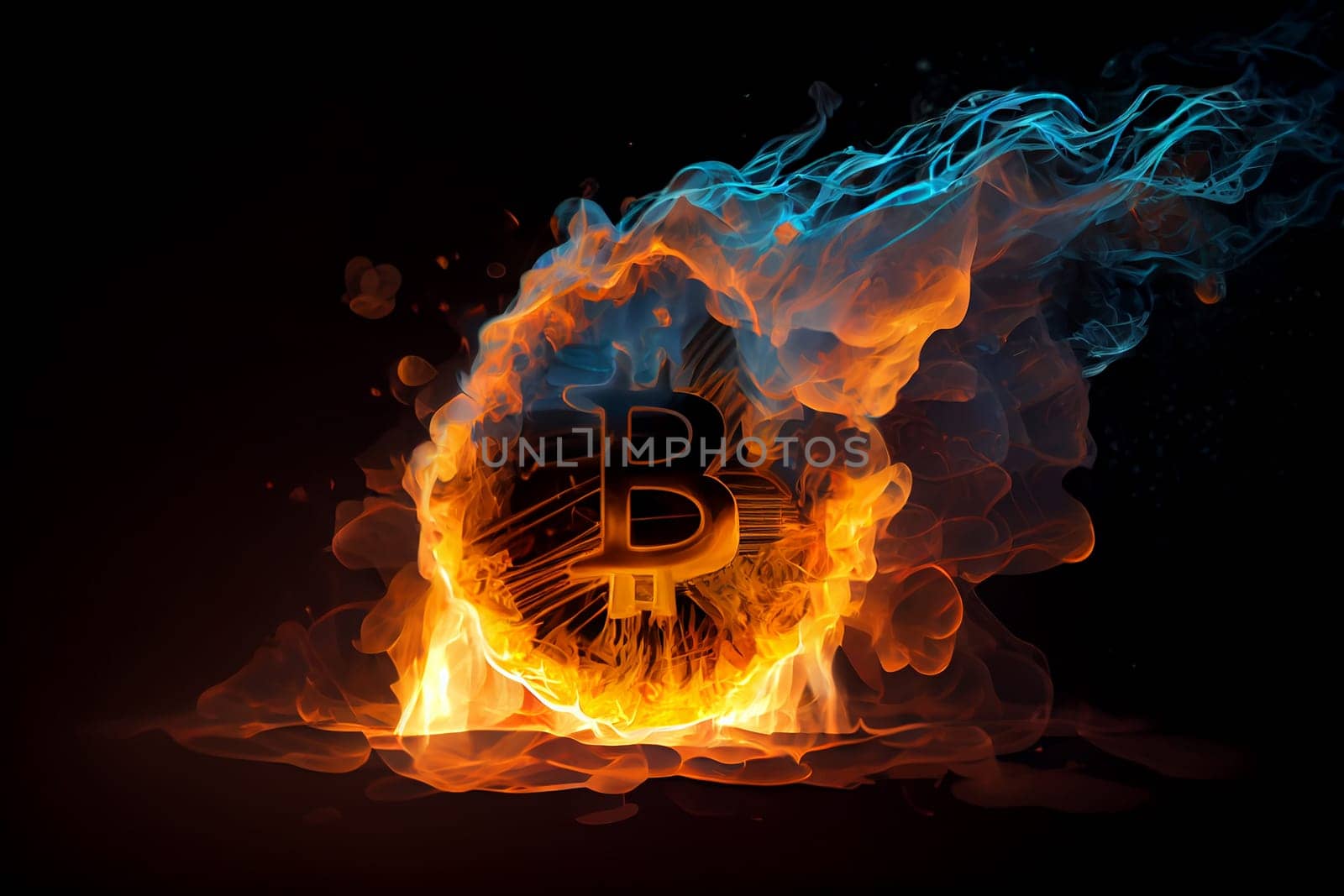 Burning in fire golden bitcoin on black background, Bitcoin coin in flames, burn cryptocurrency bit coin money, crash and blockchain bubble, Generative AI