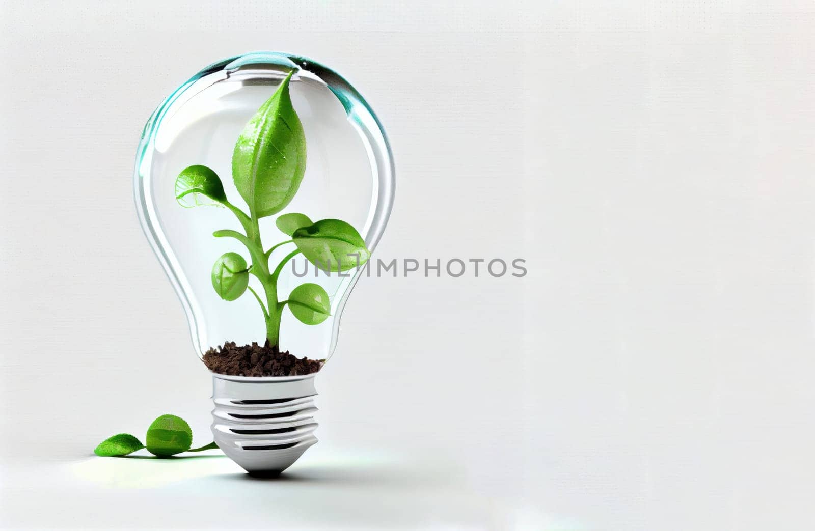 The minimalistic design of a light bulb glowing in soil signifies the innovative idea of energy and environment conservation. on white background. Ai Generative