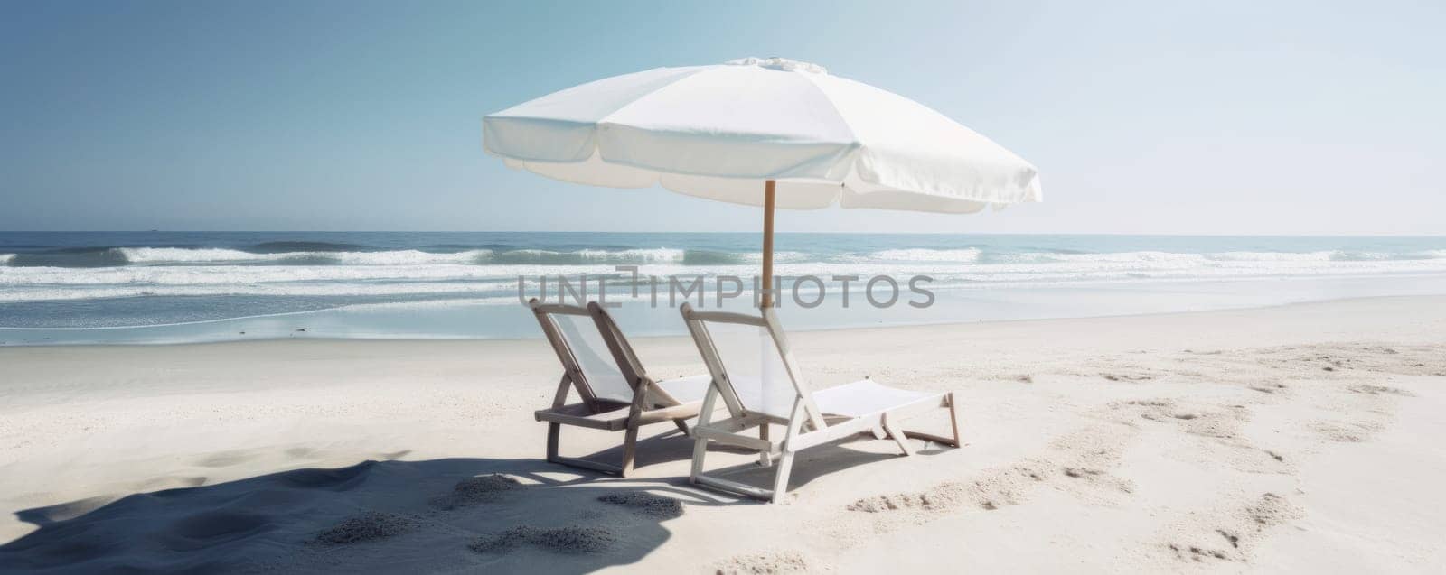 Experience pure relaxation and soak up the breathtaking view of the ocean from two beach chairs and umbrellas on the white sandy beach. AI Generative.