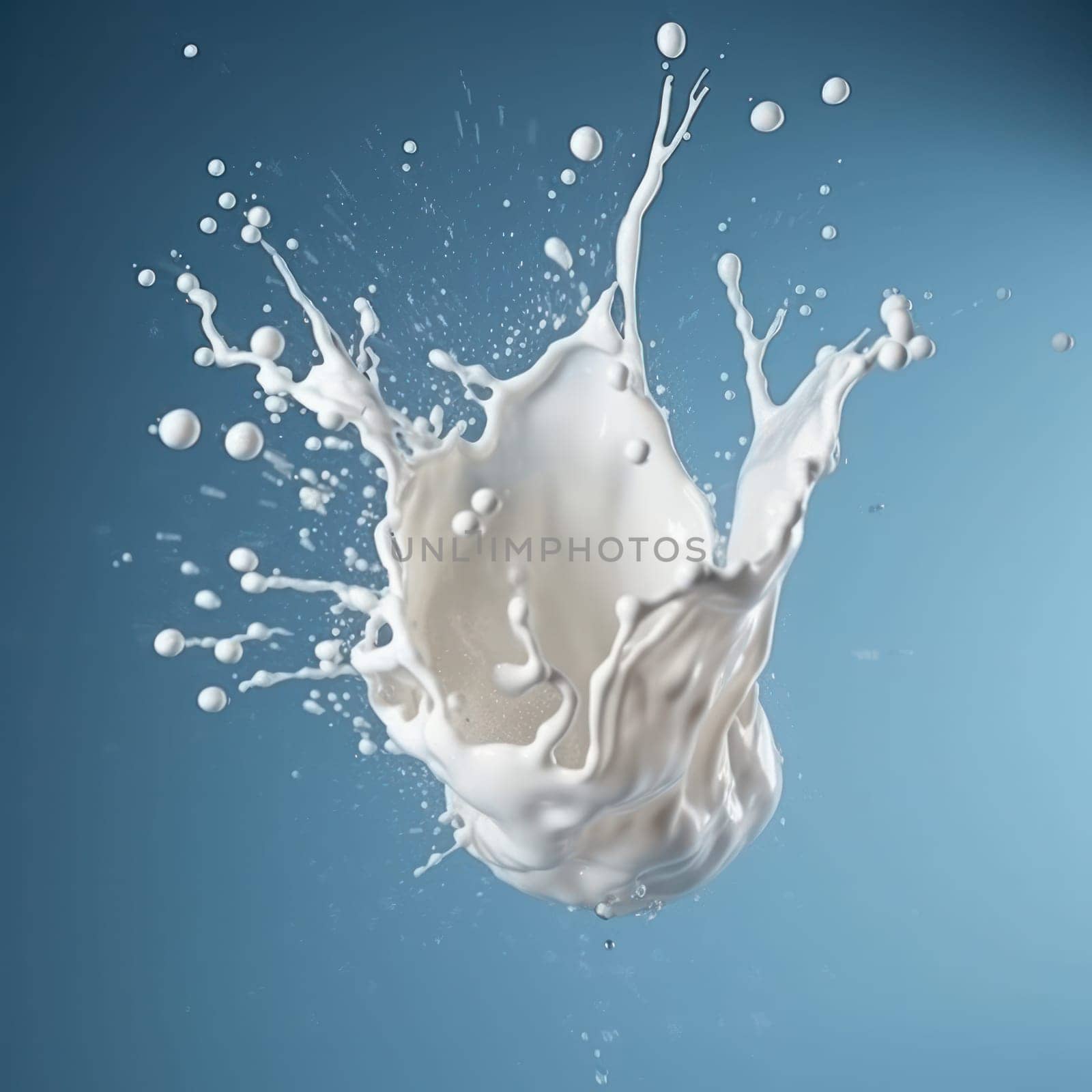 Milk droplets splashing on a vivid blue background, a high-speed photography capture of liquid in motion is AI Generative.