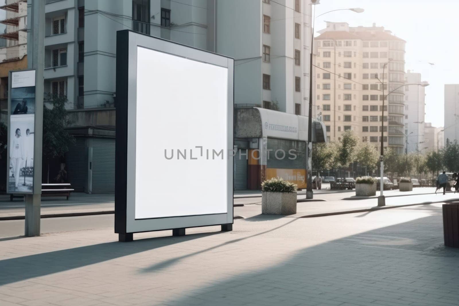 An empty advertising billboard on a busy urban street provides a powerful marketing opportunity for your brand. Use this blank mock-up to showcase your creativity and generate buzz. AI Generative.