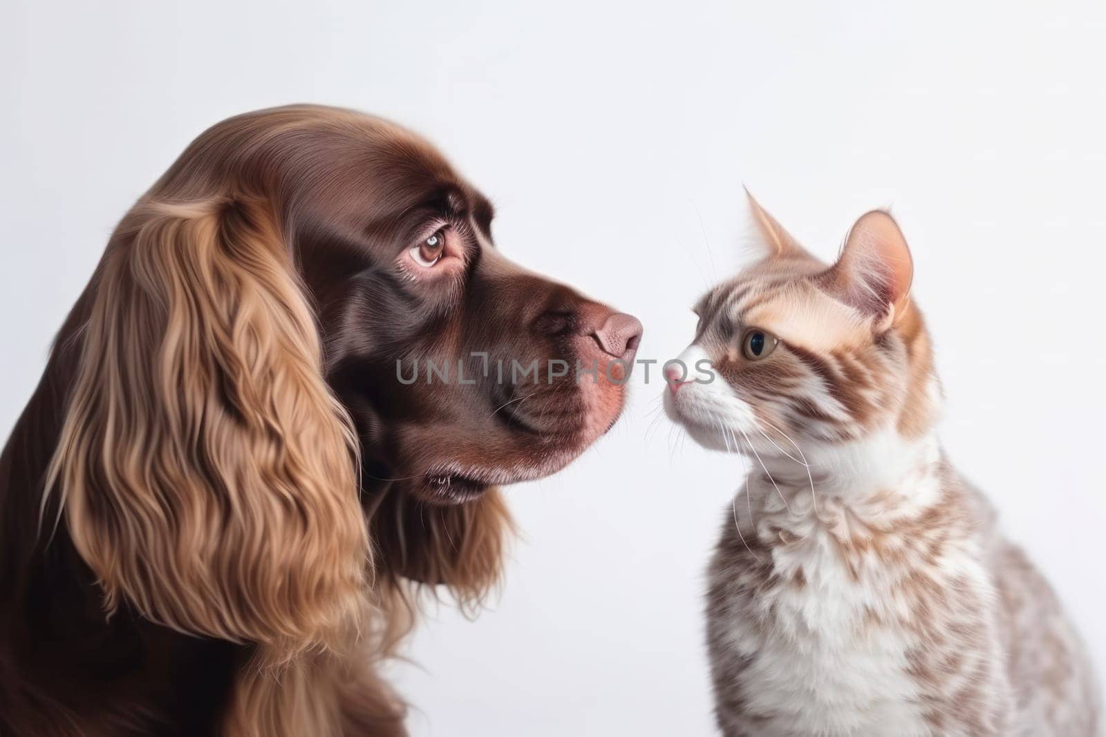 Domestic animals, a cat and dog, sitting together with adorable expressions, showing the beauty of pet ownership. AI Generative.