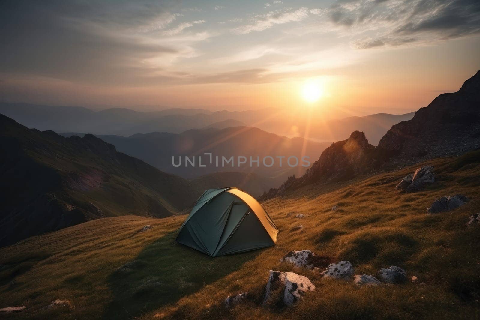 Find solitude and tranquility with a tent pitched against the mountains during a breathtaking sunset. Experience the peacefulness of nature and the beauty of the environment. AI Generative.
