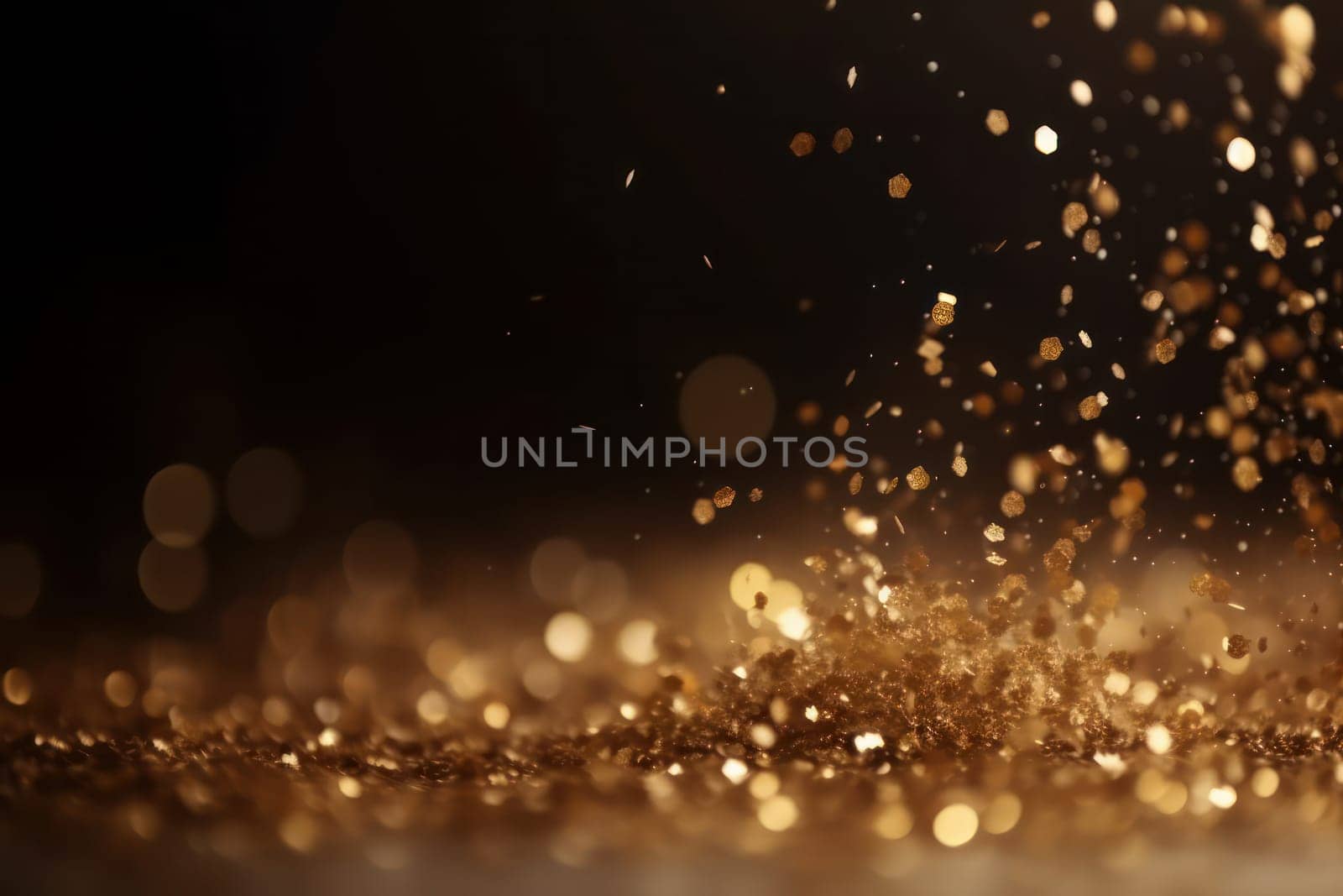 Golden glitter particles on a dark backdrop with bokeh lights and shiny metallic texture. Festive decoration for celebration and luxury gala. AI Generative.