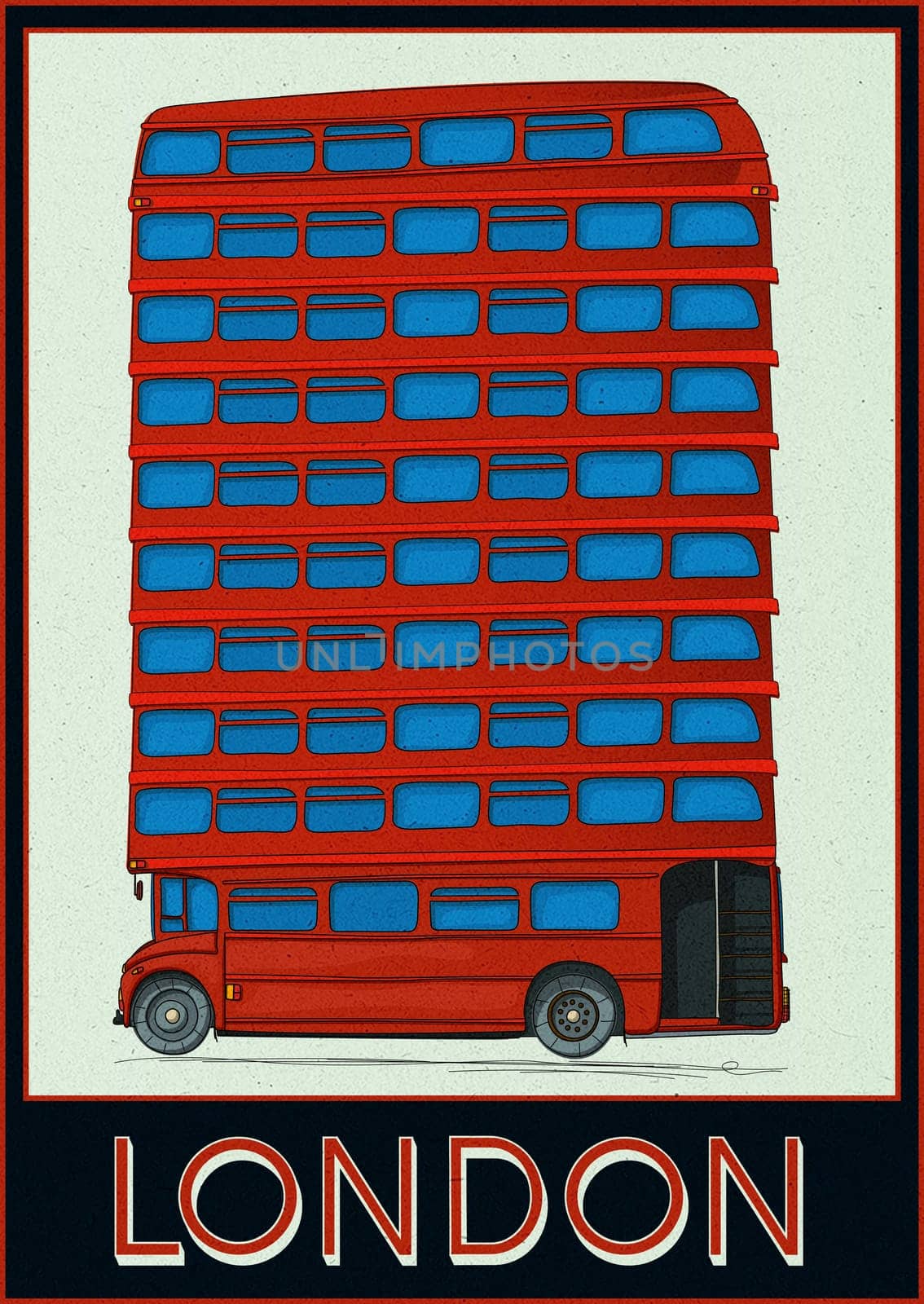 London bus satirical poster, cartoon drawing grunge paper effect