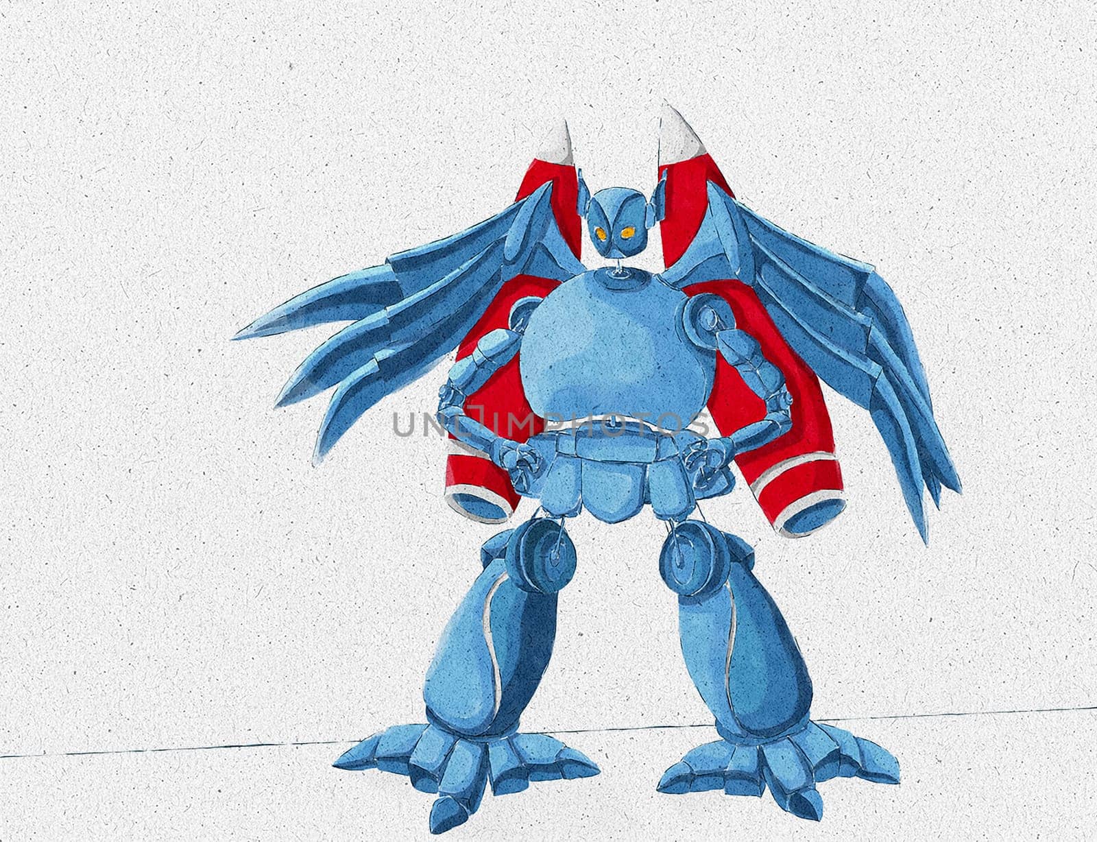 Grunge textured paper illustration of a cartoon  robot with wings and jetpacks